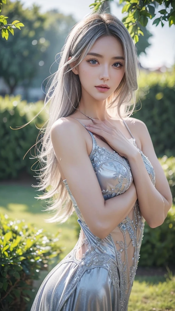 (((best quality))), ((ultra-detalhado)),(foto de alto detalhe), ((extremamente delicado e bonito)),Cinematic lighting, arte de fantasia, Uma dama japonesa, ((pele branca pura)), Metallic hair with silver hair, (Vestido de seda transparente、no underwear:1.25、Breast visibility:1.9, NSFW), No prado de neve fresca:1.5, Fada da Estepe, rosto gentil