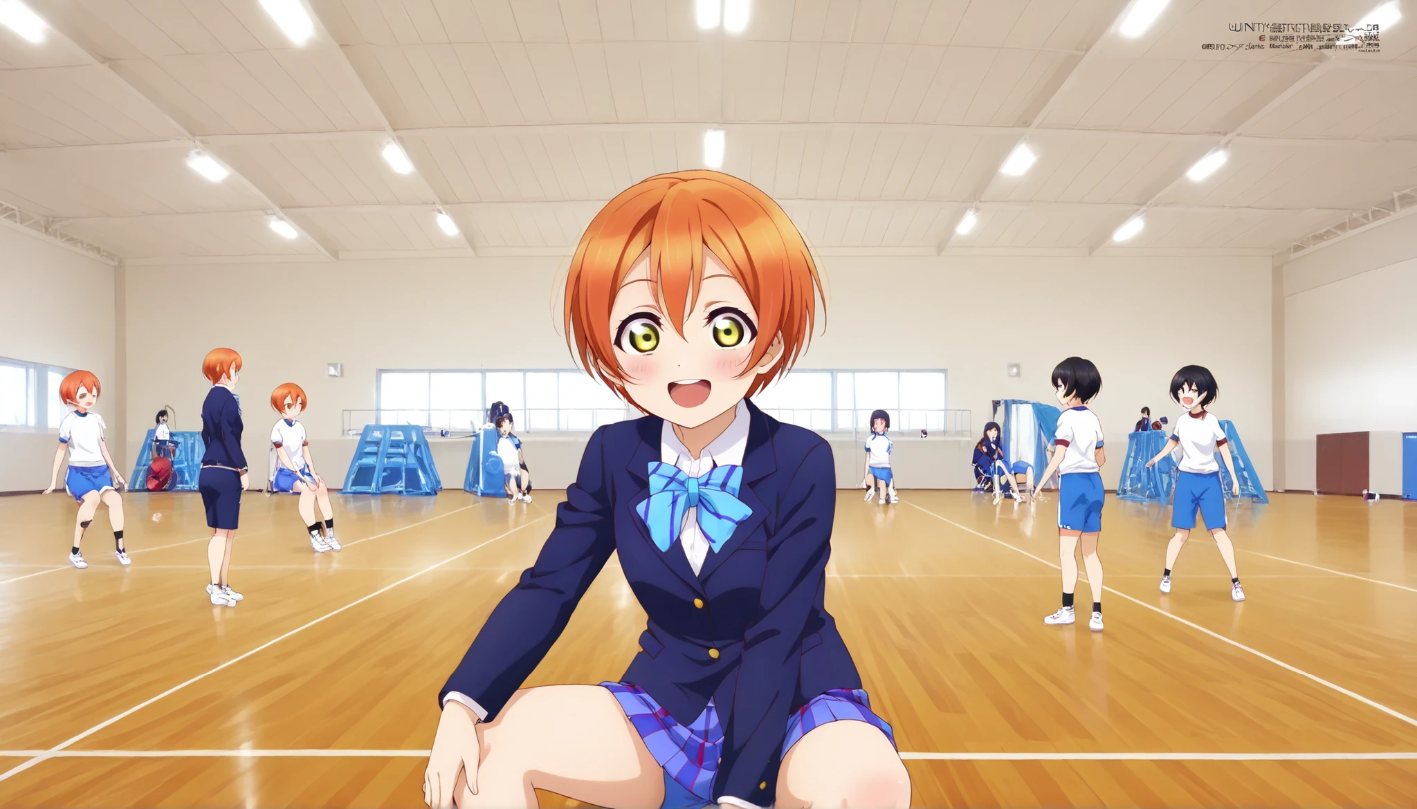 1girl,hoshizora rin, striped, short hair, blush, otonokizaka school uniform, open mouth, smile, lovelive_rin black blazer, blue plaid skirt, blue stripe bowtie, orange hair, very short hair, hair between eyes, yellow green eyes,sitting on the floor grasping one's knees (as in a gym class),score_9, score_8_up, score_7_up, rating_safe, masterpiece, best quality, absurdres, unity 8k wallpaper, official art, official style, source_anime, uncensored, game cg, megami magazine,taiikukan, indoors, sportswear, multiple girls, indoors, photo background, shorts, 6+girls, ceiling light, black hair, ceiling, stage, wooden floor, gym uniform, sportswear,Gymn4s3,