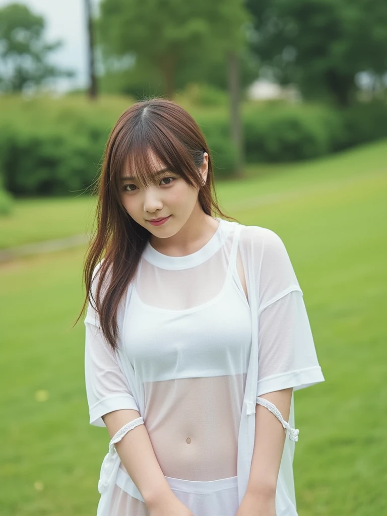 8K,masterpiece,Japanese,,from the front,smile,cute,Innocent face,Innocent,Kind eyes,Childish,Plain T-shirt,Short sleeve,Shorts,semi-long,Hair blowing in the wind,Black Hair,Somewhat strong wind,noon,bright,M-shaped feet, (Large Breasts:1.2),(Emphasize the chest)