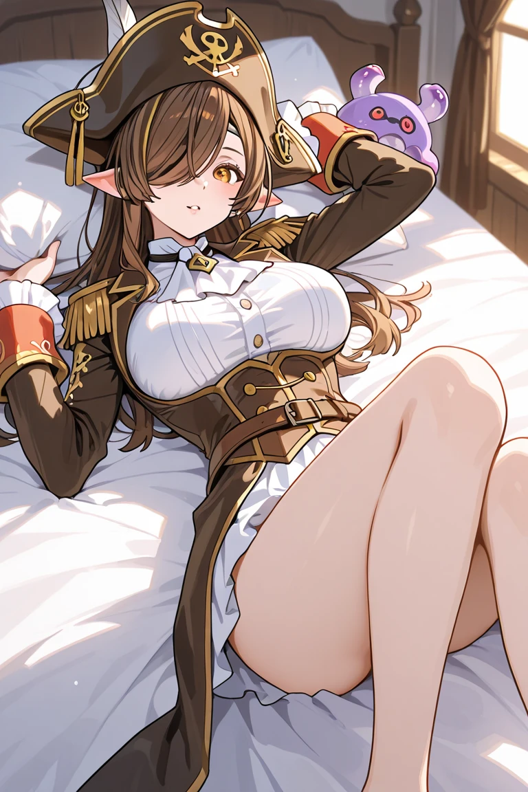 nsfw,all-fours,Bare breasts,Lying down,Squashed chest,Viewer's Perspective,blushed face,Shy,a smile,Close-up of the face,Whip thighs,a bed,aasato, long hair, half updo, braid, hair between eyes, animal ears, ear ornament, horse tail, breasts, frills, black ascot, green dress,black thighhighs,Top image quality,Masterpiece,Best Quality