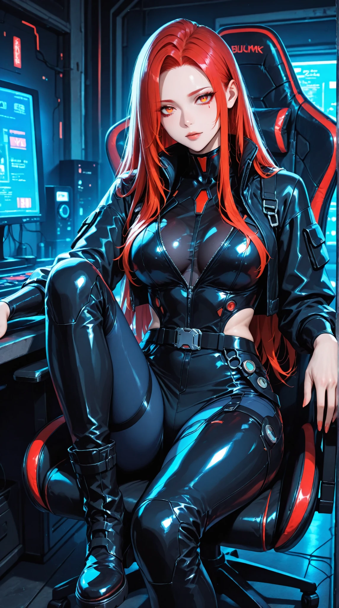 A beautiful anime girl with long crimson hair, sitting in a dark, futuristic gaming chair, wearing a sleek, black leather outfit with buckles and zippers, and high black boots; the image showcases a vibrant cyberpunk aesthetic with cool tones, detailed textures, and intense lighting focused on the figure, ultra-detailed, intricate details,masterpiece, best quality, amazing quality, hyper-detailed, newest, very aesthetic