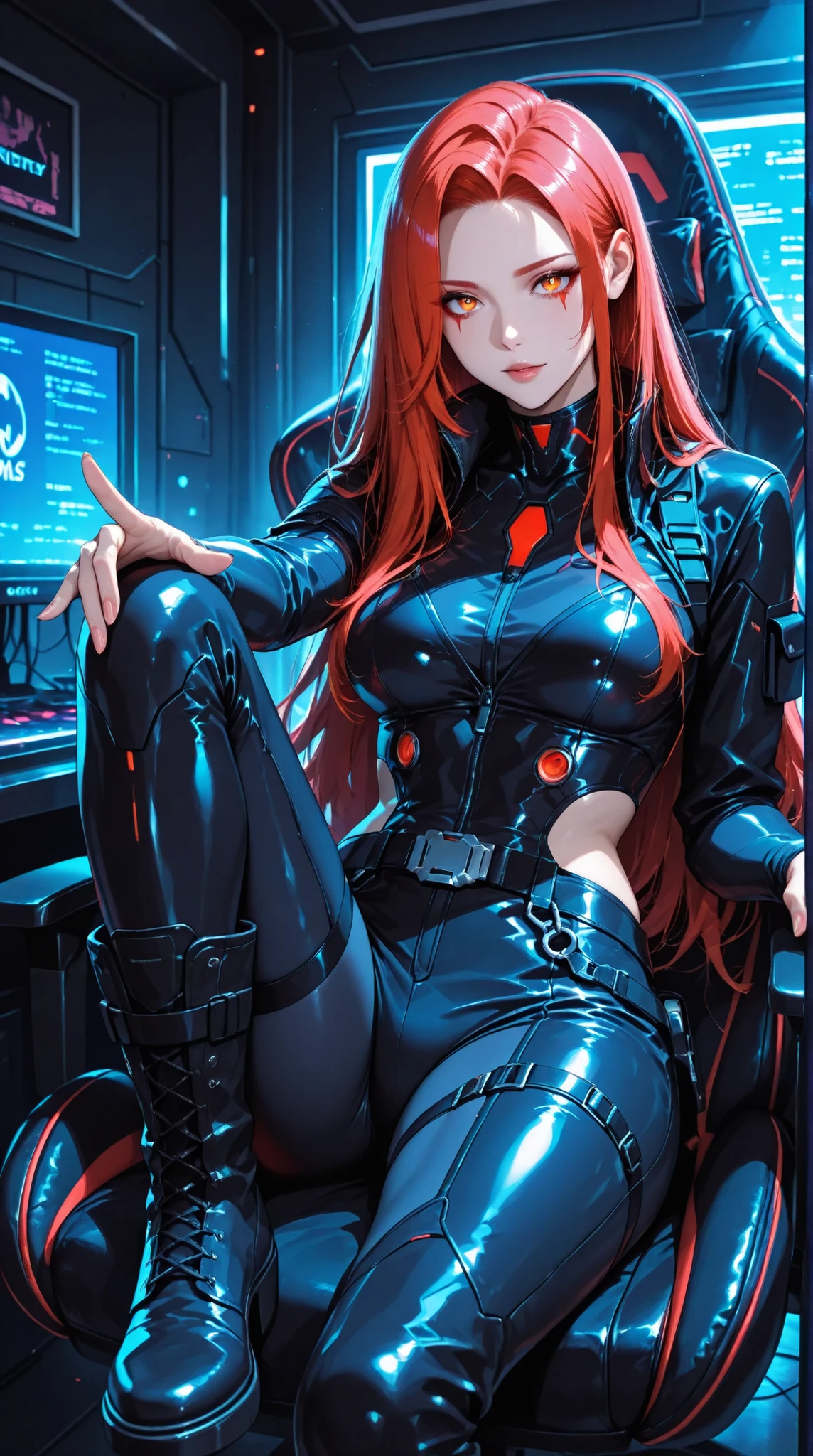 A beautiful anime girl with long crimson hair, sitting in a dark, futuristic gaming chair, wearing a sleek, black leather outfit with buckles and zippers, and high black boots; the image showcases a vibrant cyberpunk aesthetic with cool tones, detailed textures, and intense lighting focused on the figure, ultra-detailed, intricate details,masterpiece, best quality, amazing quality, hyper-detailed, newest, very aesthetic