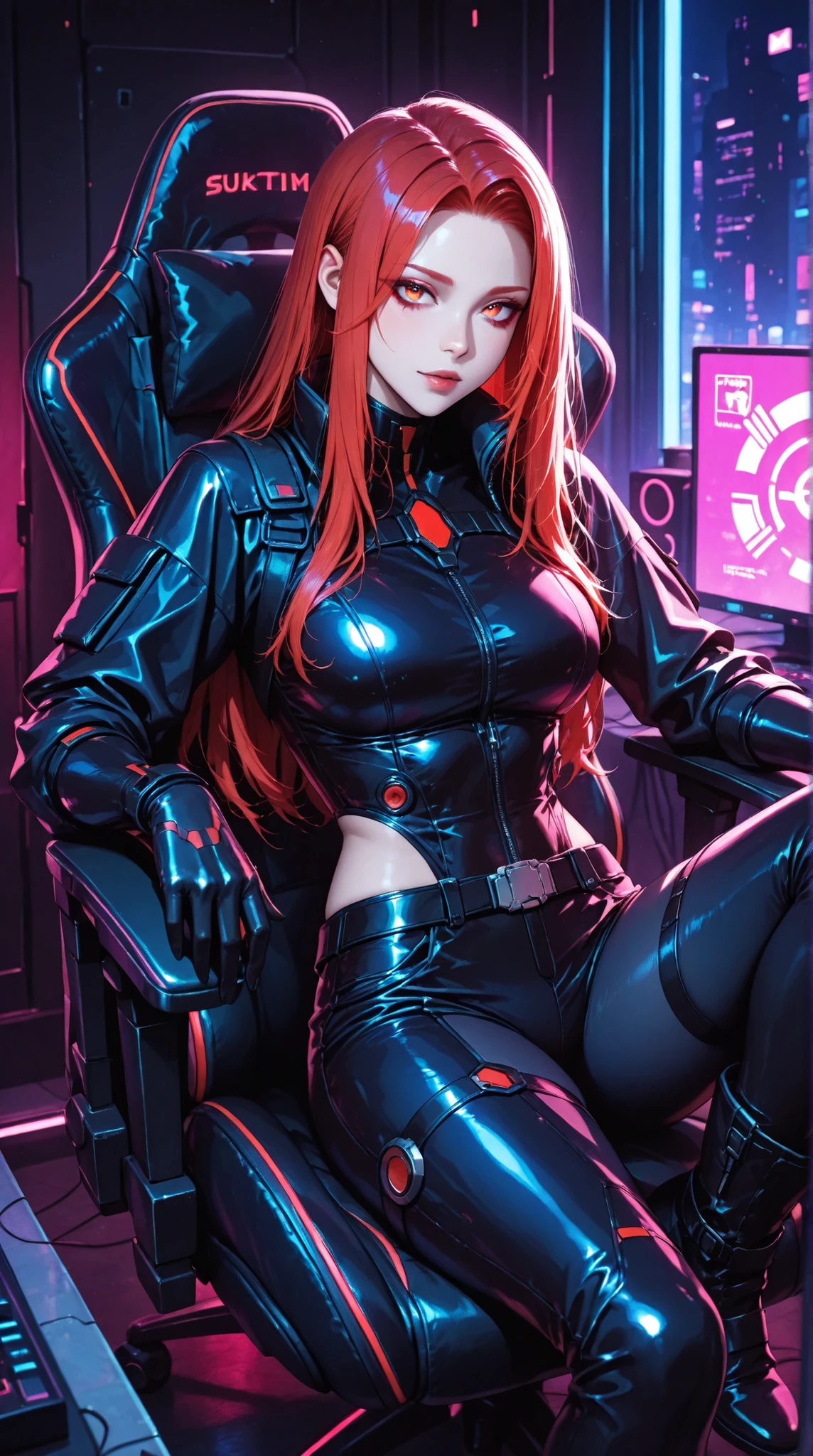 A beautiful anime girl with long crimson hair, sitting in a dark, futuristic gaming chair, wearing a sleek, black leather outfit with buckles and zippers, and high black boots; the image showcases a vibrant cyberpunk aesthetic with cool tones, detailed textures, and intense lighting focused on the figure, ultra-detailed, intricate details,masterpiece, best quality, amazing quality, hyper-detailed, newest, very aesthetic