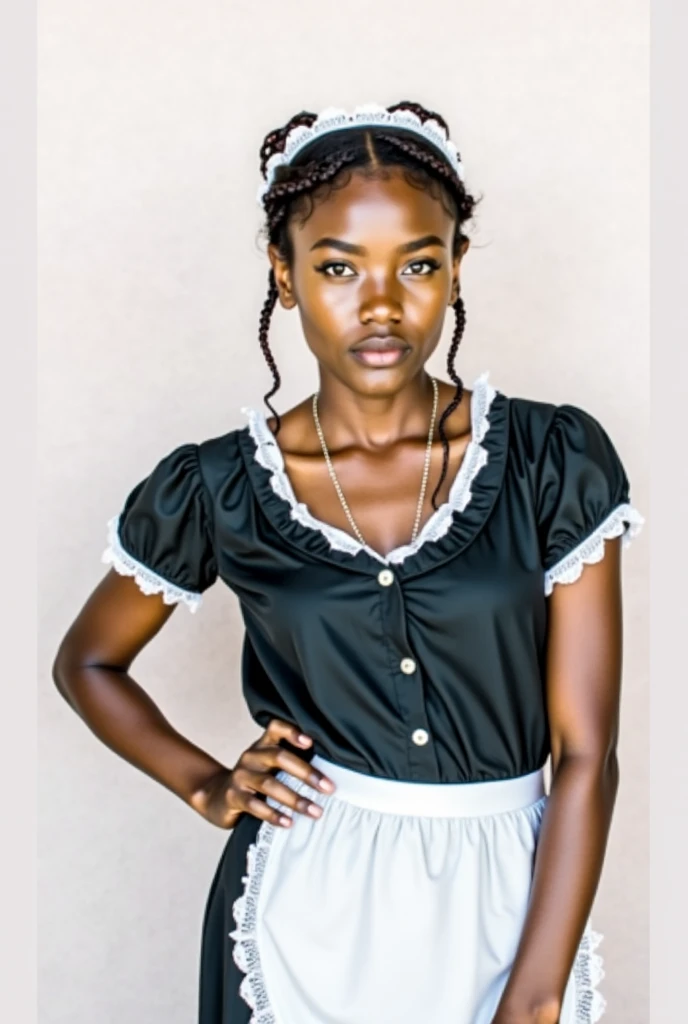 ((Photo medium distance:1.35)), ((Best resolution:1.4)), ((high quality:1.2)), (Work of art), 8k, extremely detailed, ((High detail:1.2)), Solo, ((HotLexi pretty perfect African angolan teenager female)), ((maid uniform)), (perfect hot hourglass body:1.25), (square-shaped defined pretty face:1.35), (medium round breasts),