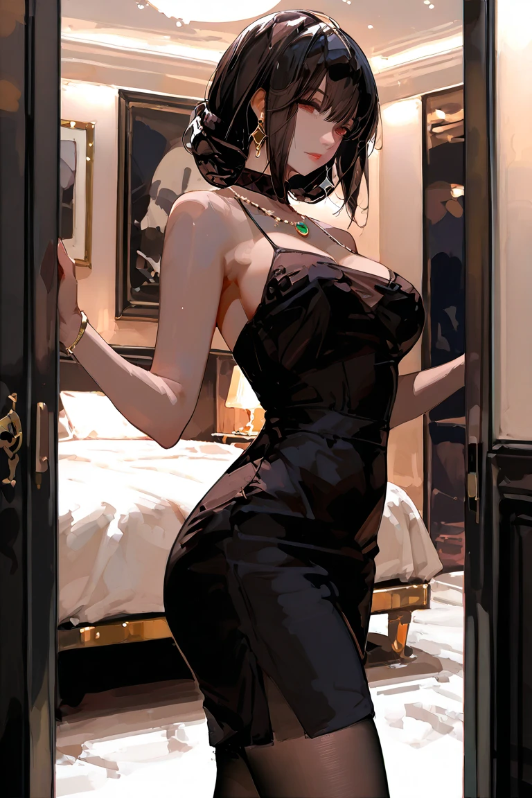 Goddess ((goddess-like woman)), slim elegant silhouette, masterpiece, (close angle), best quality, pale skin, fair skin, sweet face, (masterpiece:1,2, best quality), (real picture, intricate details), (1 lady , solo, medium tits, slim waistline, ), ((Persona5TaeTakemi)), a woman with short hair, black hair, brown eyes, she has an impressive presence., short hair, bracelet, hoop earrings, jewelry, beautiful face, beautiful eyes, she looks at the viewer, She is wearing a stunningly beautiful golden evening dress and high heels with straps. sweet irresistible smile, elegant pose, elegant hands, beautiful hands, perfect fingers, background: She is standing in a large, elegant entrance hall. Everything in the room looks very expensive.