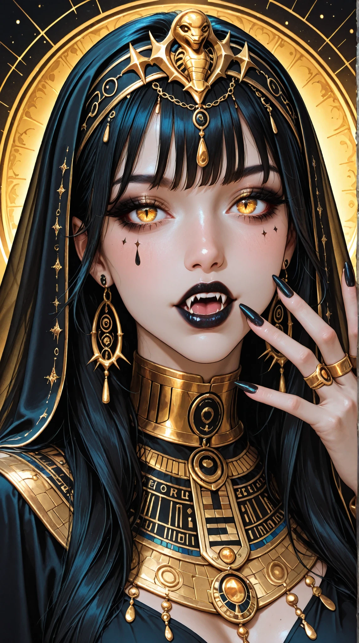 A digital portrait of a fashionably Egyptian anime vampire girl with black hair, dark lipstick, fangs, and gold clothing; her gold eyes are hidden behind a veil, her nails are long and clear gold, her accessories are ornate and detailed, dramatic, stylized, and black and gold color palette with detailed textures emulating digital illustration, ultra-detailed, intricate details,masterpiece, best quality, amazing quality, hyper-detailed, newest, very aesthetic