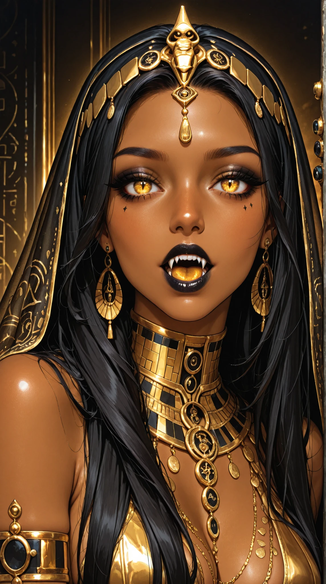 A digital portrait of a fashionably Egyptian anime vampire girl with black hair, dark lipstick, fangs, and gold clothing; her gold eyes are hidden behind a veil, her nails are long and clear gold, her accessories are ornate and detailed, dramatic, stylized, and black and gold color palette with detailed textures emulating digital illustration, ultra-detailed, intricate details,masterpiece, best quality, amazing quality, hyper-detailed, newest, very aesthetic