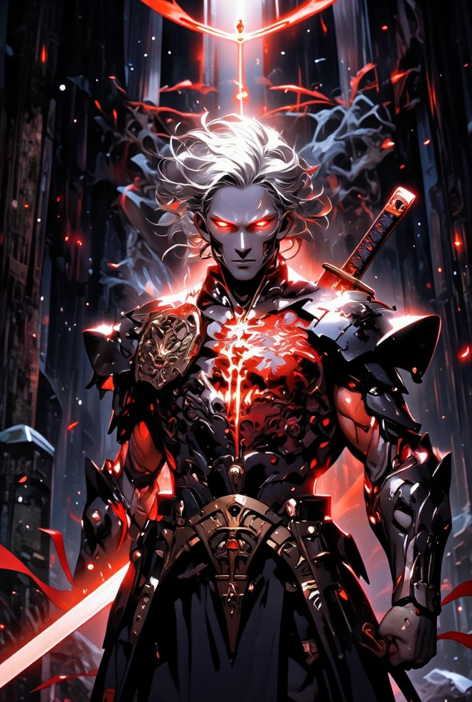 a detailed portrait of a young male anime cyborg, similar to Ichigo from Bleach, draconian, armor with dragon-like features and highly durable, indicating to be celestial and a trident