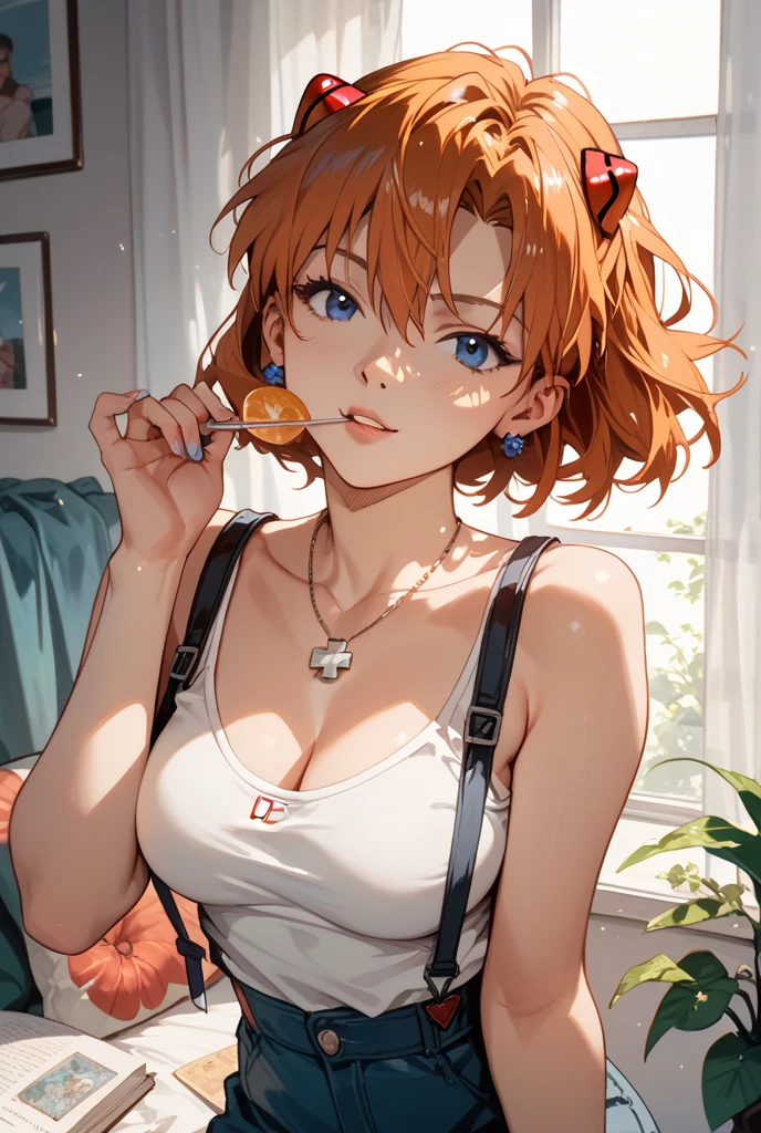 20 year old female, long orange hair, messy hair, ponytail, perfect eyes, perfect blue irises, perfect pupils, thick thighs, oversized shirt, black shorts, many ear piercings, eating popsicle, sweaty, blushing smile, apartment kitchen, otaku, standing in front of sink, highly detailed, best detail, best hands, right forearm tattoo, perfect tattoo, perfect hands, perfect fingers, perfect anatomy 