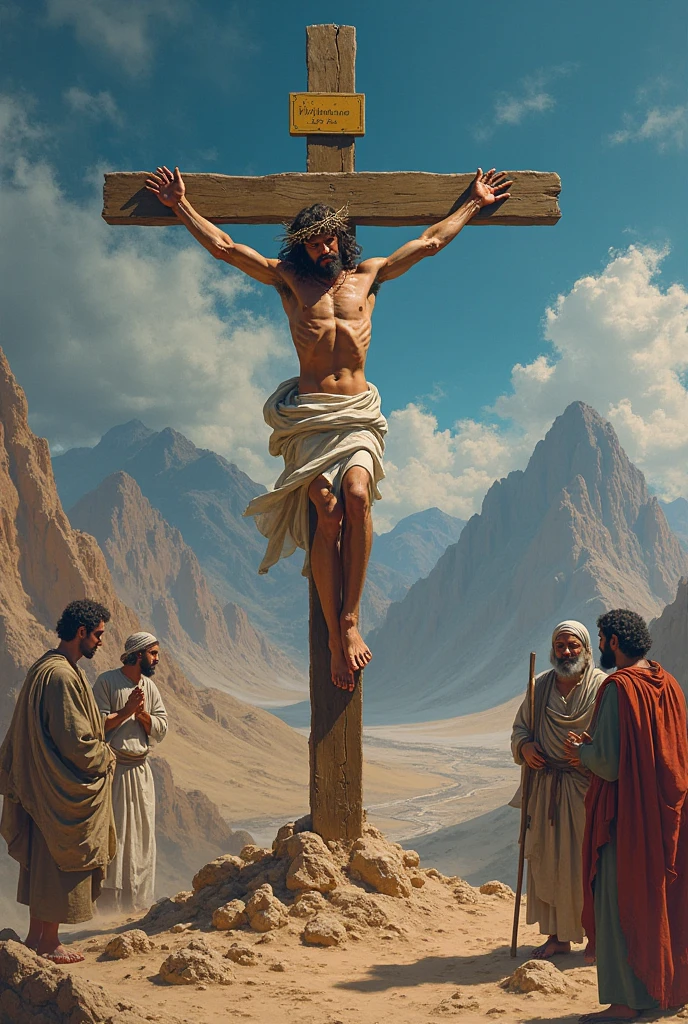 create image of Jesus Christ on the Cross, alongside two thieves also crucified, on the mountain called skull, in the heat of the day, image with biblical characters