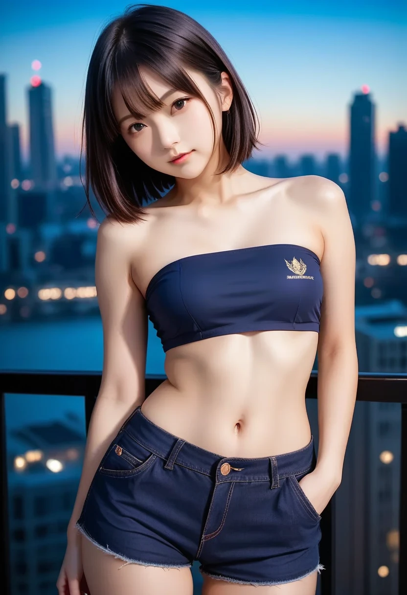 1 girl, white skin, korean, young, black hair and bright blue eyes, thick eyebrows, freckles on skin, head tilted, one ear out, smile, uniform, thigh, thigh gap, at school, high detail, 8k, super detail, high definition, best quality, high quality, high detail, textured skin, masterpiece