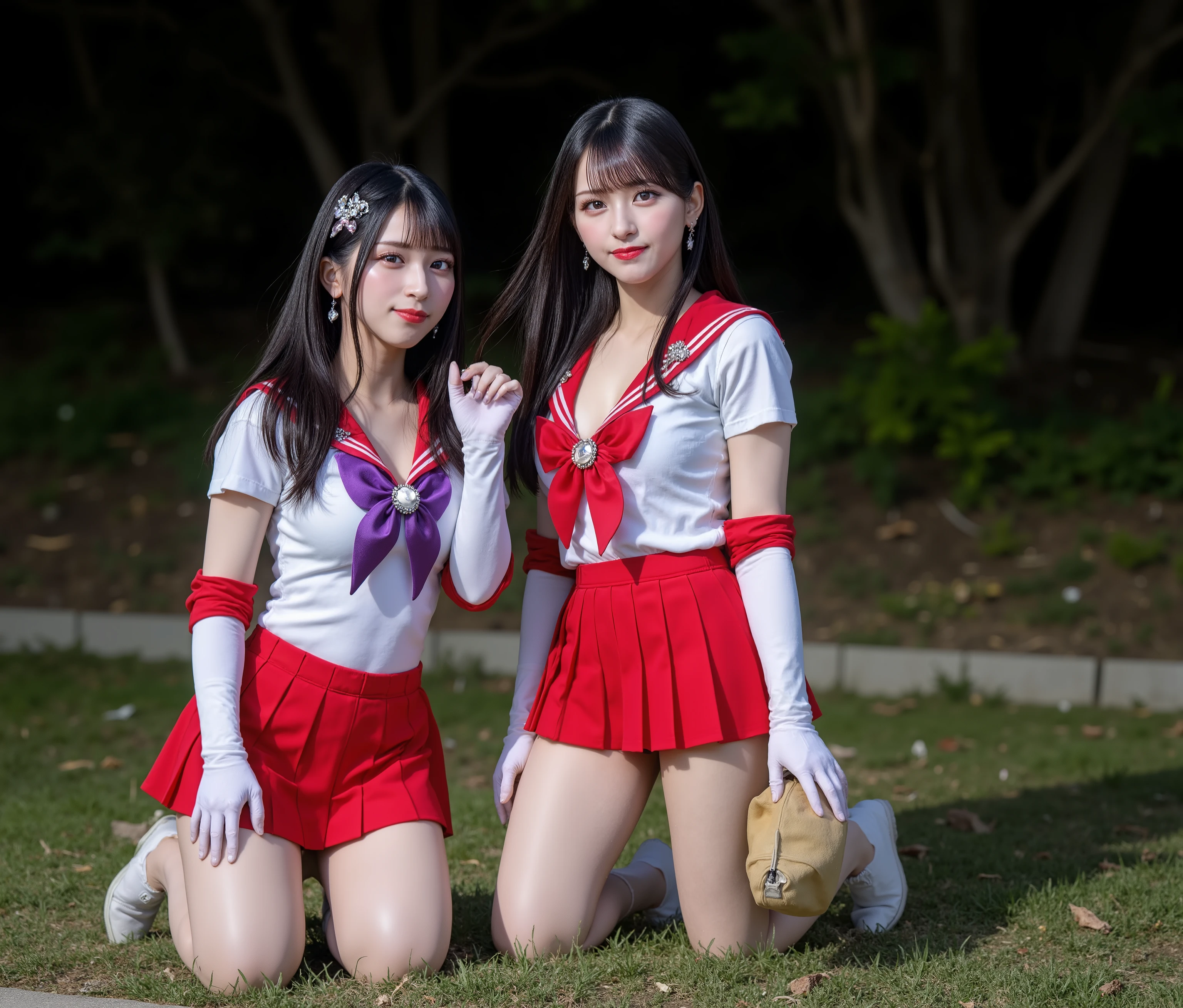 (Multiple Japanese girl,Long Hair), The women standing, kneeling,During the day、bright、(high quality,8k,Black Hair, Realistic, high quality,masterpiece,Very detailed, Confused)1.5,((Summer 1, Sailor Warriors, White gloves, Red Sailor Collar, Red Skirt)),in park of night,White gloves,Purple ribbon,Purple eyes, (fighting action posing:1.6), Very large breasts bigger than a face:1.95, Are standing,Long legs, big breasts,fighting posing,(Cinematic Light VFX Backgrounds), Dark Background