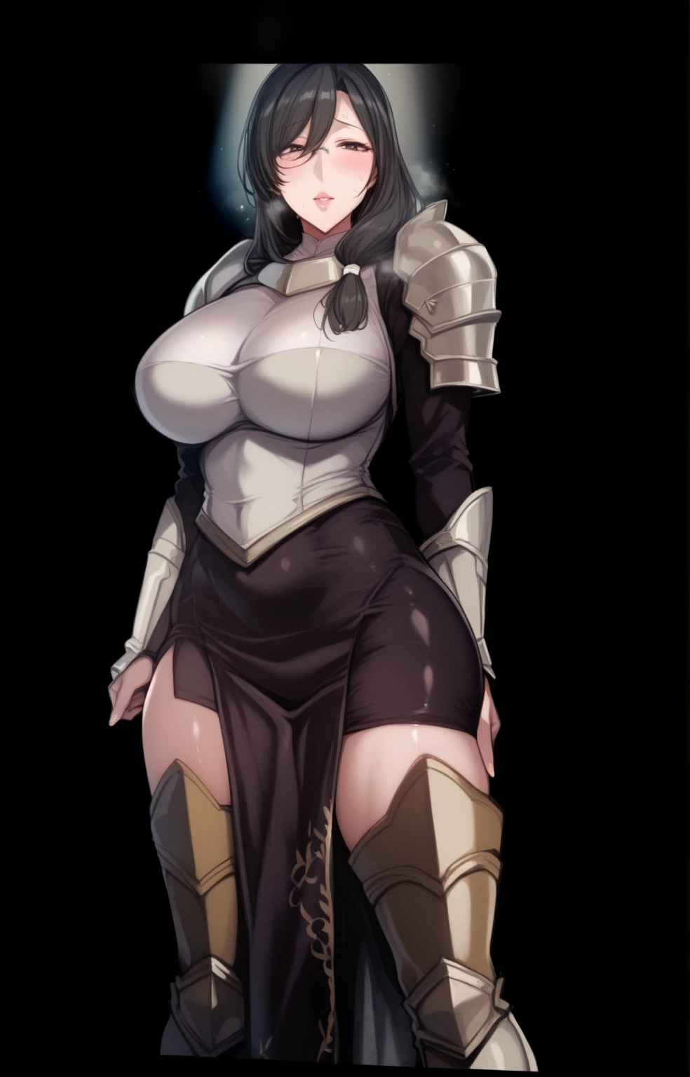 La mujer, pelo largo, long hair, pelo negro, black hair, flequillo, palida, pale skin, ((ojos negros, black eyes)), poca ropa, ropa negra, black clothes, botas altas, hig boots, guantes, gloves, catedral, noche, fantasy, (((breast, spread legs, squatting, pussy, nsfw, +18)))