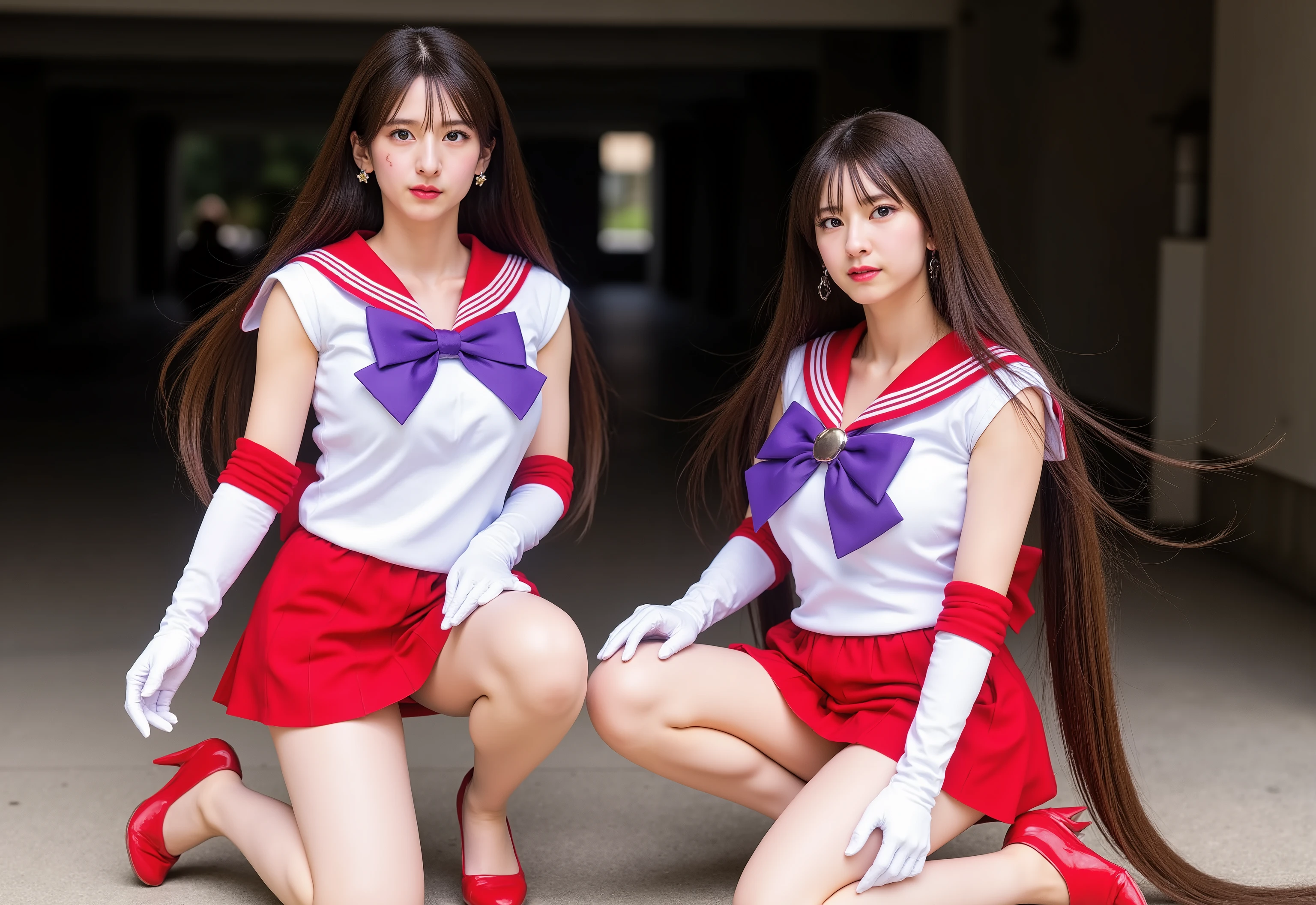 (Multiple Japanese girl,Long Hair), The women standing, kneeling,During the day、bright、(high quality,8k,Black Hair, Realistic, high quality,masterpiece,Very detailed, Confused)1.5,((Summer 1, Sailor Warriors, White gloves, Red Sailor Collar, Red Skirt)),in park of night,White gloves,Purple ribbon,Purple eyes, (fighting action posing:1.6), Very large breasts bigger than a face:1.95, Are standing,Long legs, big breasts,fighting posing,(Cinematic Light VFX Backgrounds), Dark Background