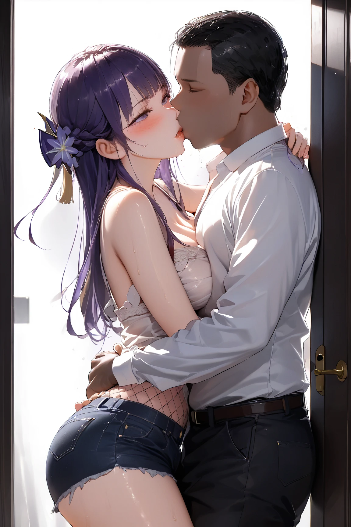 Long purple hair,big breast,thicc tigh,kissing a man,white shirt,micro_skirt,gyaru