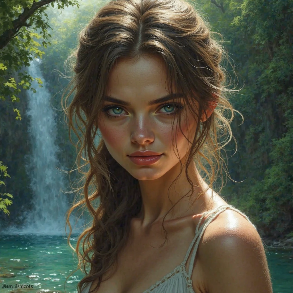 a gorgeous nymph, young girl, (gates mcfadden:1.2), (age 25), bathing naked, in a pool, under a waterfall, bubbly water, foam, hand bra, (best quality,4k,8k,highres,masterpiece:1.2),ultra-detailed,(realistic,photorealistic,photo-realistic:1.37),detailed water, detailed skin, detailed facial features, beautiful detailed eyes,beautiful detailed lips,extremely detailed eyes and face,longeyelashes,natural lighting,soft lighting,warm colors,serene,tranquil,peaceful,idyllic,fantasy,whimsical,magical realism