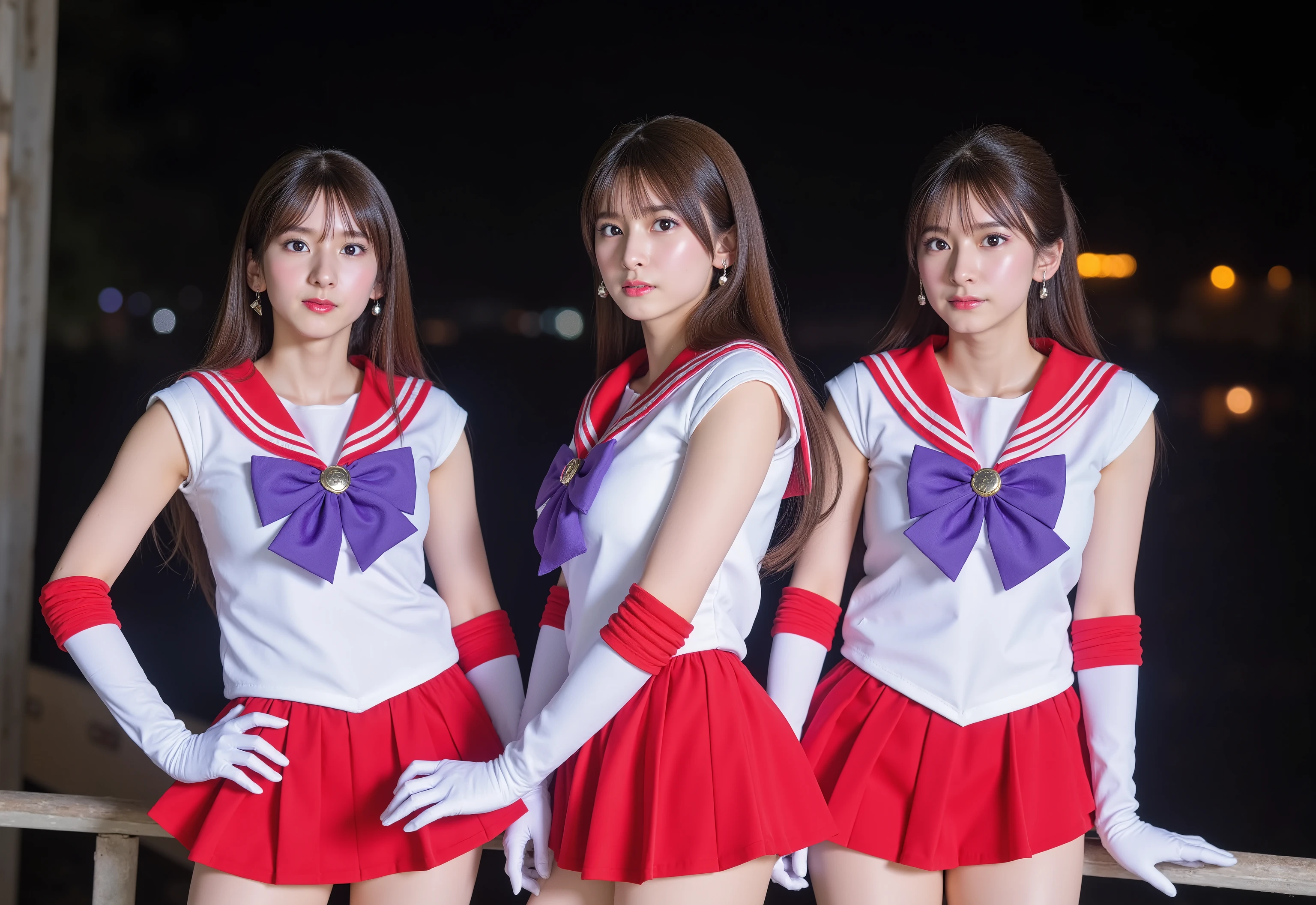 (Multiple Japanese girl,Long Hair), The women standing, kneeling,During the day、bright、(high quality,8k,Black Hair, Realistic, high quality,masterpiece,Very detailed, Confused)1.5,((Summer 1, Sailor Warriors, White gloves, Red Sailor Collar, Red Skirt)),in park of night,White gloves,Purple ribbon,Purple eyes, (fighting action posing:1.6), Very large breasts bigger than a face:1.95, Are standing,Long legs, big breasts,fighting posing,(Cinematic Light VFX Backgrounds), Dark Background