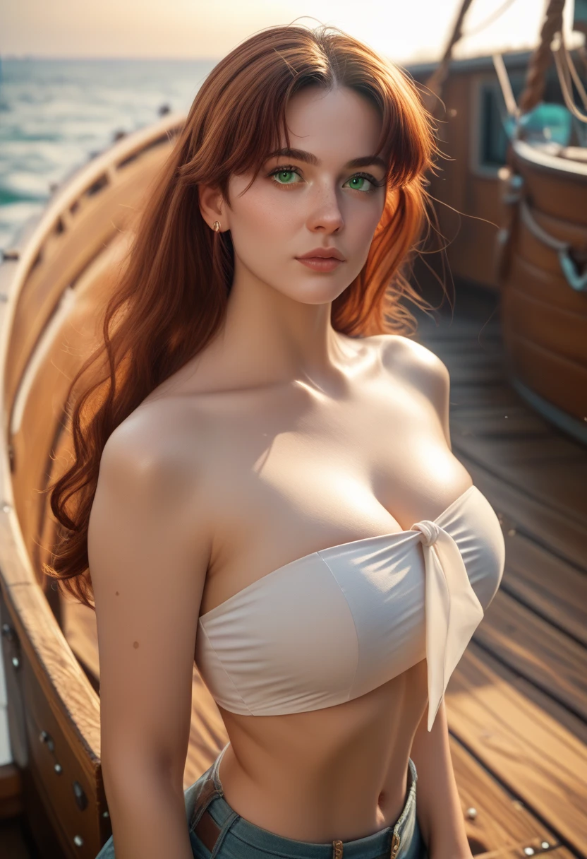 Portrait d'une rousse de 22 ans, Frenchwoman, Chest close-up, Disjointed cream-colored linen bustier, Ultra-detailed skin texture, sexuality, seduction, regard amoureux, palate slightly open, Standing in a river, rochers, arbres, soleil couchant, cinematic rendering, 32K, facial sharpness