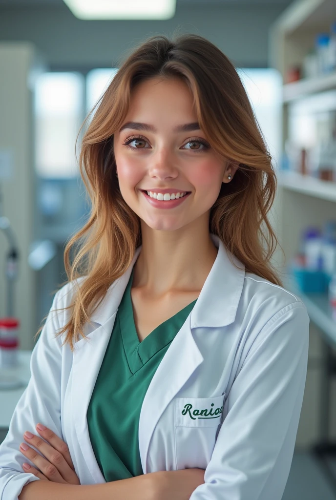 A smiling girl in a blood lab with brown highlight caramil hair and hazel eyes and wearing a green shirt and a white medical jacket that says Rania