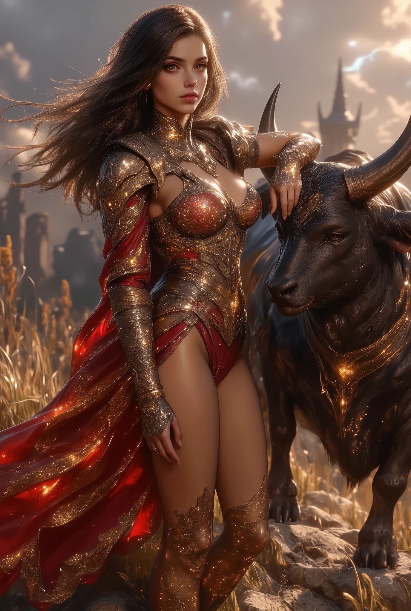 ((Masterpiece, ultra-detailed, 8K high resolution, cinematic light and shadow)), a stunning woman standing proudly beside a massive Taurus bull, her hand resting gently on its horn, she wears a flowing crimson and gold robe with armor plating on her shoulders and thighs, blending warrior and priestess aesthetics, her long dark hair billows in the wind, adorned with golden cuffs and celestial charms, the Taurus beside her is majestic — black with glowing gold patterns like constellations etched into its hide, eyes burning with quiet wisdom, they stand atop a rocky cliff at golden hour, the wind sweeping through tall grass, as distant storm clouds roll over the horizon, lightning arcs faintly behind them, yet she remains calm and grounded, symbols of Earth and strength etched into the stone beneath her feet, a divine bond between beast and woman radiates through the scene, unshakable and eternal.