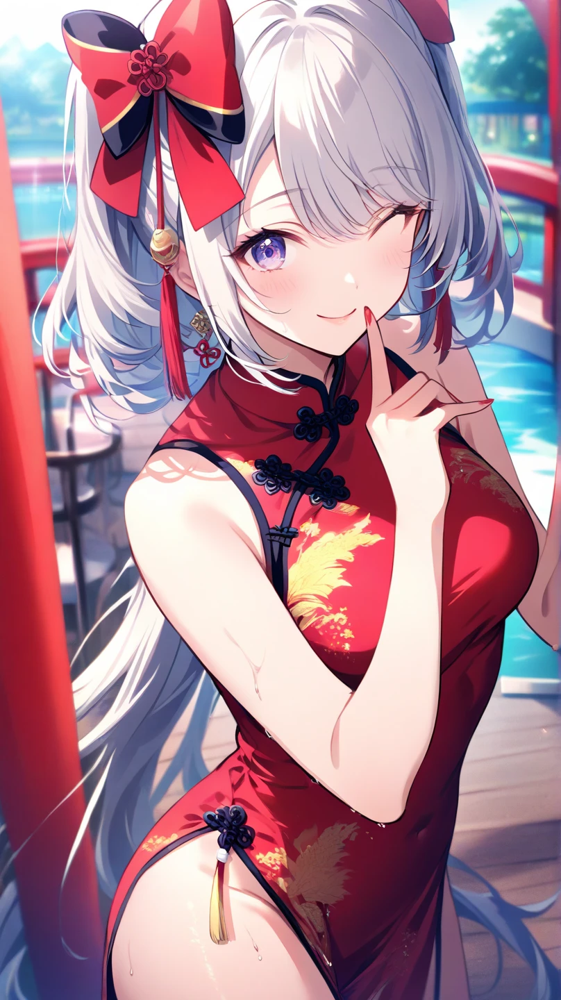 ((Highest quality、masterpiece、Anime Style、Highest quality、High resolution、8k、detailed、ultra-detailed:1.3))、Long legs、Sharp focus:1.2, Beautiful woman with perfect figure:1.4、(smile:1.2), double eyelid、30-year-old woman、Sexy pose、((((Shut your mouth.、One Woman、Chinese clothing:1.5)))),The background is another world