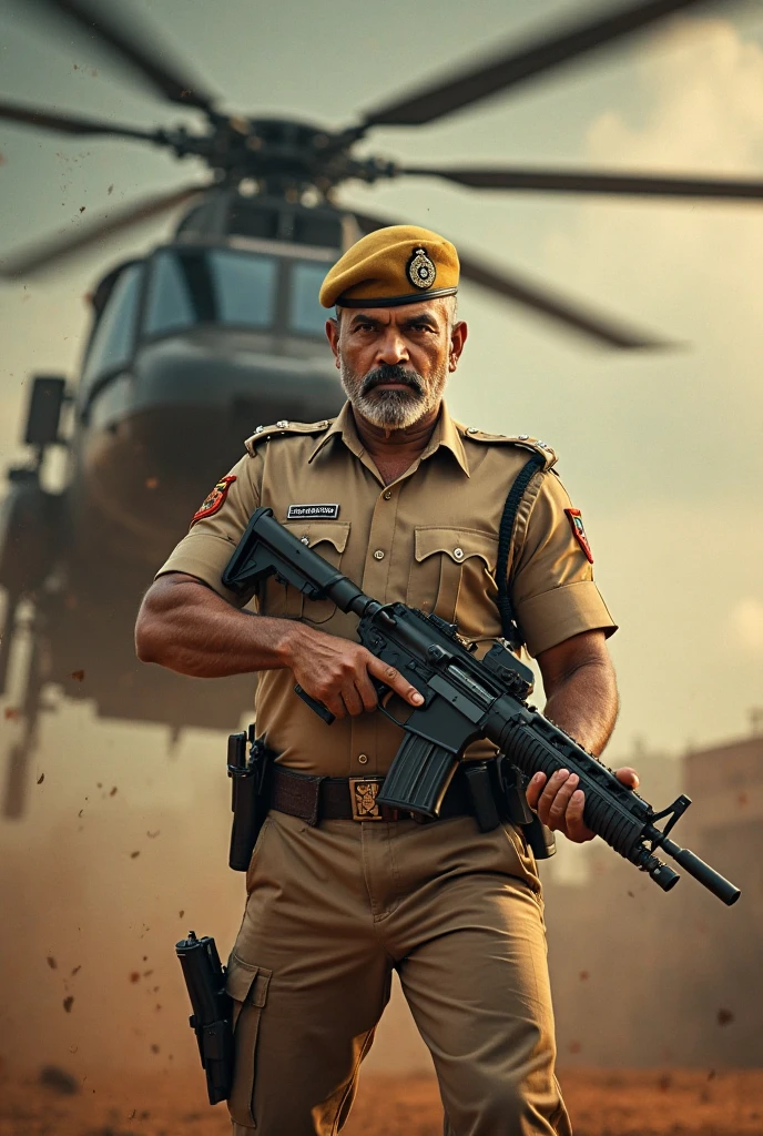 Modi ji holding AK47 gun in his both hands full body image