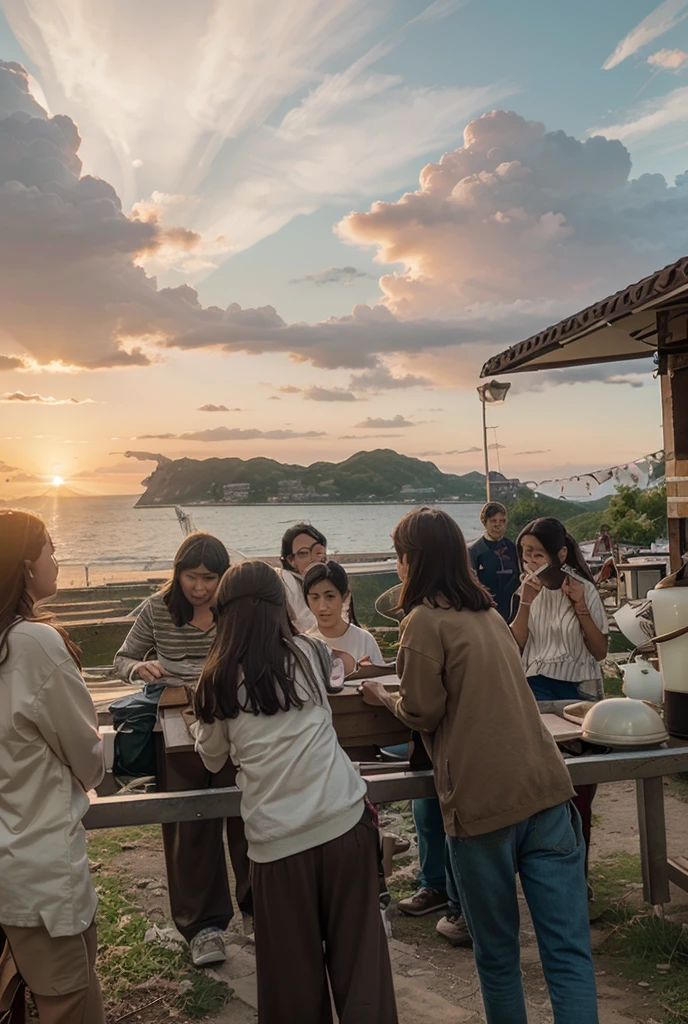 The sunset sky and calm sea spread out in the background.、A Kuki Navy ship is anchored on the coast of a small island nation.。The sailors took off their armor、relaxing。In the big central square、a party is being held。The warm light of the torches illuminates the surroundings.、The flag of victory is waving。Fresh fish and mountain delicacies are laid out on a large wooden table.、The soldiers are smiling and sharing drinks.。Yoshitaka Kuki sits in the center.、Holding a cup in hand, he is chatting with his friends.。Music is playing、The sounds of drums and flutes liven up the feast.。The women performed a dance、The children are playing happily。The fragrant aroma of grilled fish fills the air.、Everyone is having fun, forgetting the fatigue of the battle.。