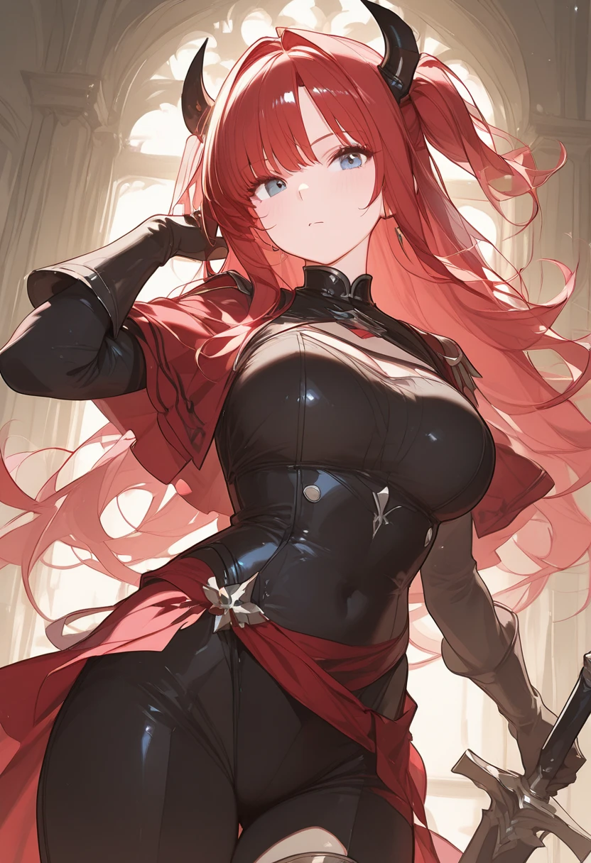 red hair, cool black jacket, white inner dress, deep orange eyes, mature and older look, animemanga girl, detailed key animation art, fully covered, red and black greatsword