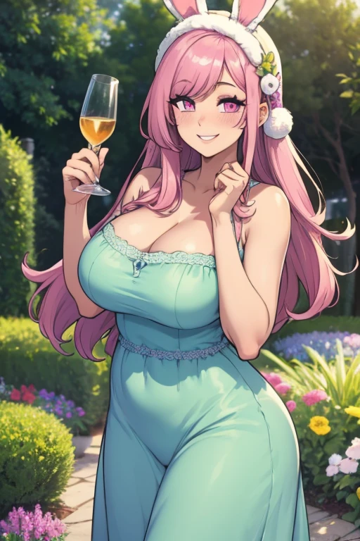 In the yacht you can see a girl sitting with a happy smile and wink eyes, her cheeks are chubby, her hair is pink, colorful eyes use black sun glasses. holding a glass of wine