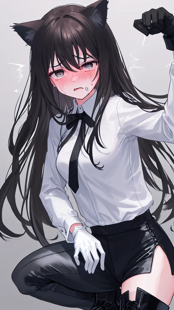 Defendeless  anime girl tied up on bed. Ballgagged. She suffering. She tears down. Hand are handcuffed to a tube her shirt is pulled on. She has many brussiers on body. Somone hands touch her in private parts of body. Small breast.