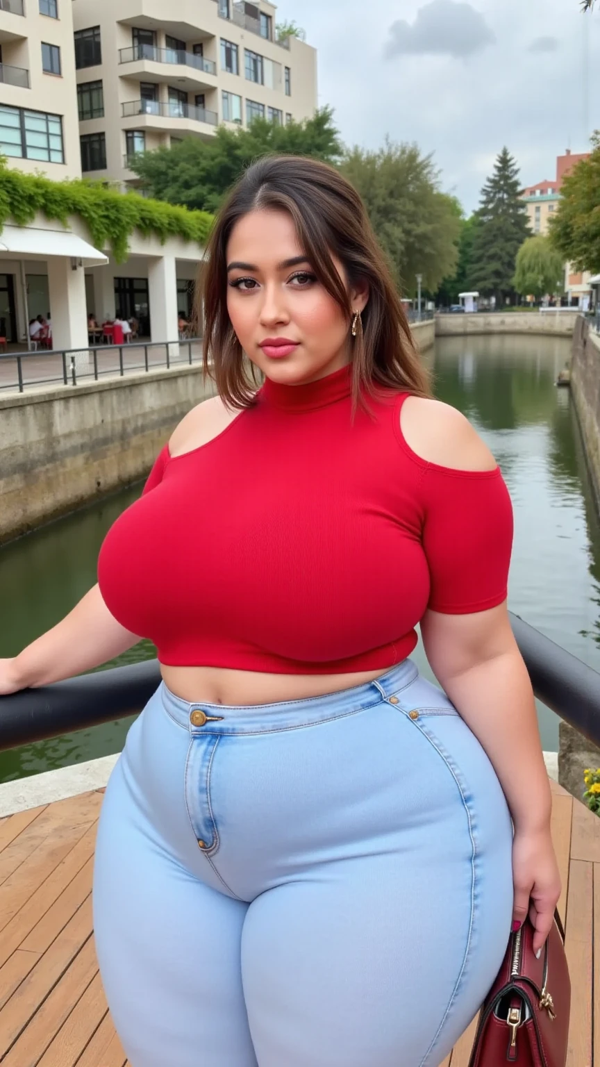 Indonesian woman, thick body, cold atmosphere , thick cheeks , full body , random pose, wavy short hair , thick hips, 40 years old , slightly fat arms , slightly fat belly , thick thighs pants, wearing bracelet ,wearing huge diamond necklace , watch , hena art on her skin,