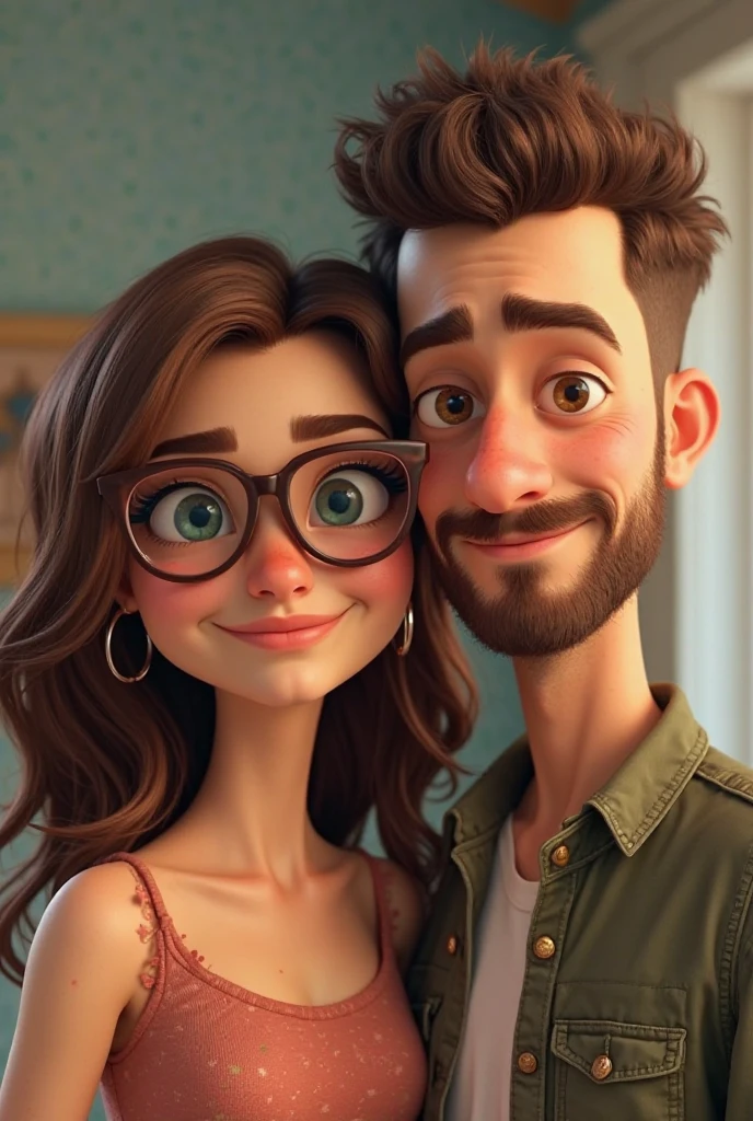 Animated figure of a mother and father, you see them from the front, a little more realistic. The woman has green eyes and brown hair, the man has blonde hair, brown eyes and glasses.