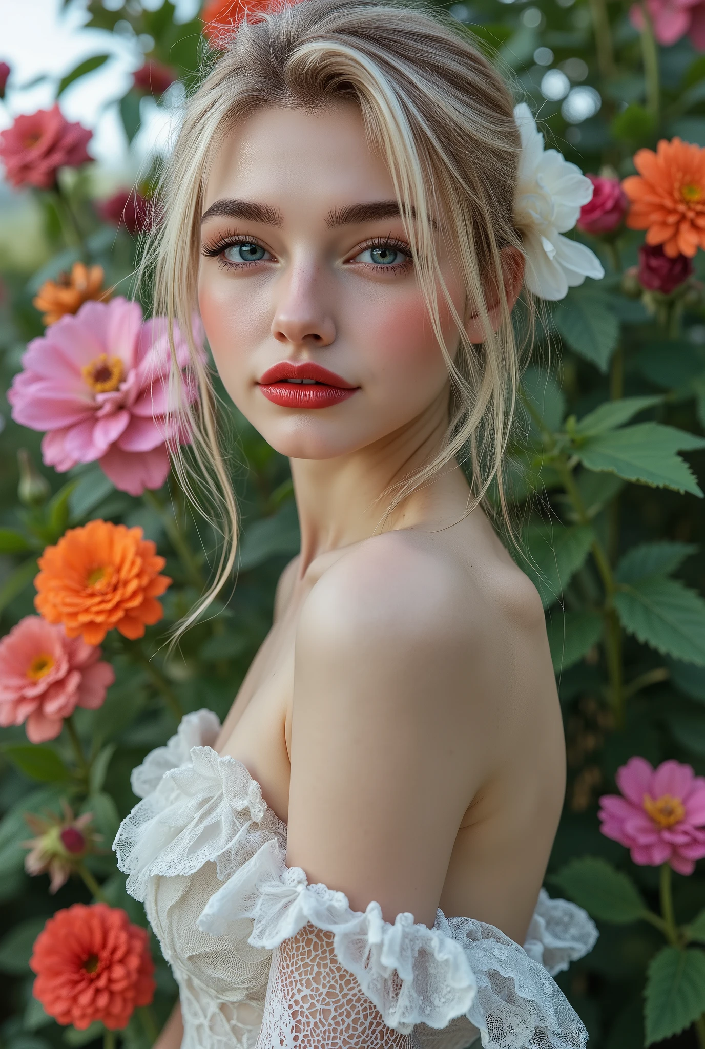 Realistic ((Photorealistic realism)), Hyper high resolution, ((Hyper insanel quality, epice masterciece, intricately detailed digital art)),((focus on extremely Realistic Proportion Body:1.3),"Portrait of {a woman with blue eyes, wearing a dress, standing in a garden}."(ultra realistic texture details: velvety skin, hair), ((sharp focus, no blurry eyes, Hyper absurd quality, Hyper details,Hyper realistic eyes:1.4)),((extra narrow eyebrows)),(Carefully draw Long blue_mascara:1.33),(perfect round eyes), (finely detailed pupils, (extremely fine details pupils)), detailed lips:1.3, (apply glossy red_lipstick:1.3), (perfect proportions:1.2), (White tight Dress made of lace fishnet), (Dolce & Gabbana, Floral style:1.26), (elegant fashion, intricate details:1.23), floral couture, (clothes made of silk and flower), (Wearing tight fitting dresses)), (black latex:1.25), latex bodysuit laced), (Intricately details multi-layer (Ruffled Black Gothic Punk Skirt), lace with fishnets:1.3), (white lace-up:1.3), dslr, high quality split lighting, sharp focus captured by Fujifilm XT3, f 5.6,(perfect composition),((look at the viewer)), HDR, UHD, studio lighting, physically-based rendering, vivid colors,