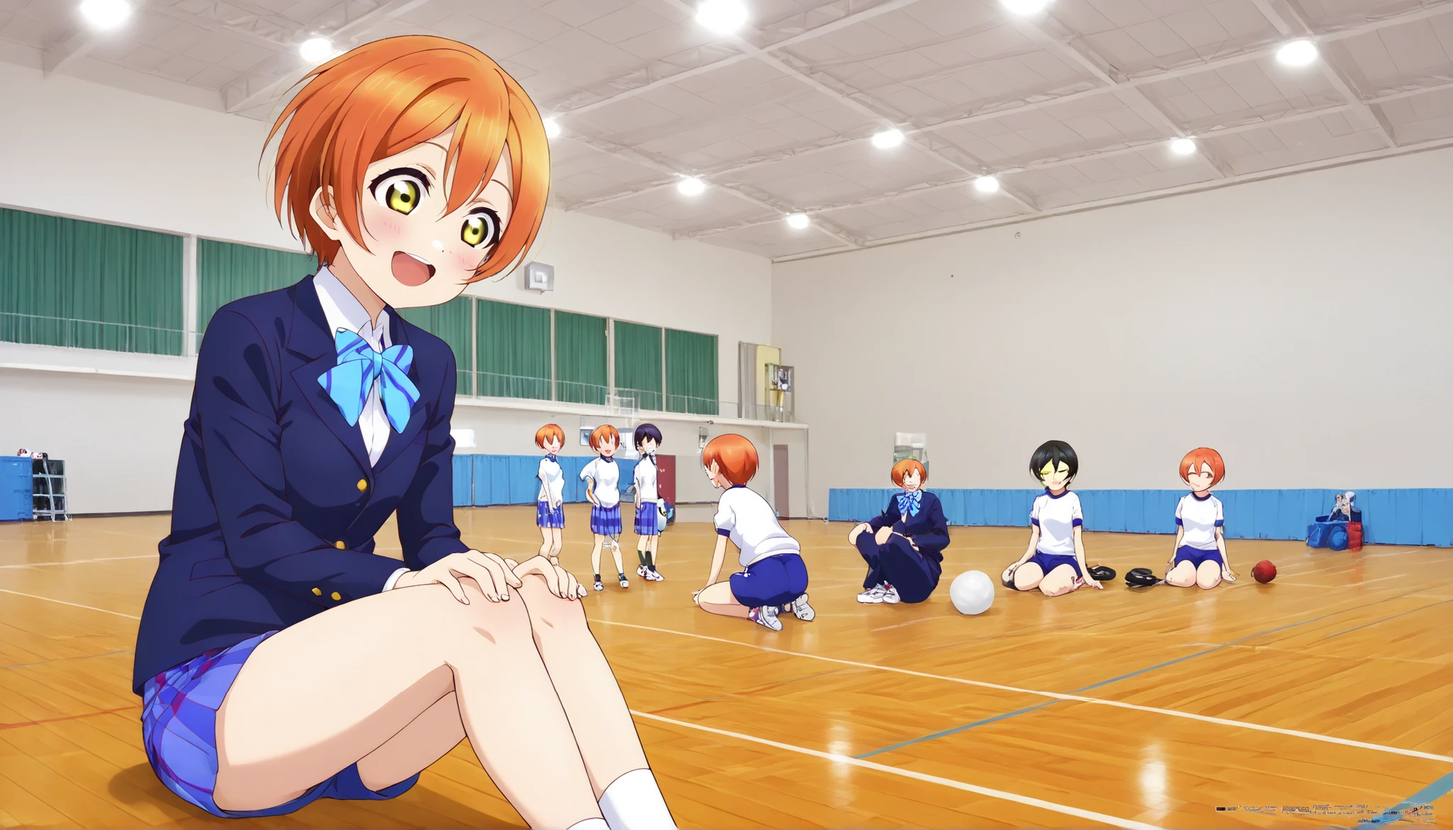 1girl,hoshizora rin, striped, short hair, blush, otonokizaka school uniform, open mouth, smile, lovelive_rin black blazer, blue plaid skirt, blue stripe bowtie, orange hair, very short hair, hair between eyes, yellow green eyes,sitting on the floor grasping one's knees (as in a gym class),score_9, score_8_up, score_7_up, rating_safe, masterpiece, best quality, absurdres, unity 8k wallpaper, official art, official style, source_anime, uncensored, game cg, megami magazine,taiikukan, indoors, sportswear, multiple girls, indoors, photo background, shorts, 6+girls, ceiling light, black hair, ceiling, stage, wooden floor, gym uniform, sportswear,Gymn4s3,