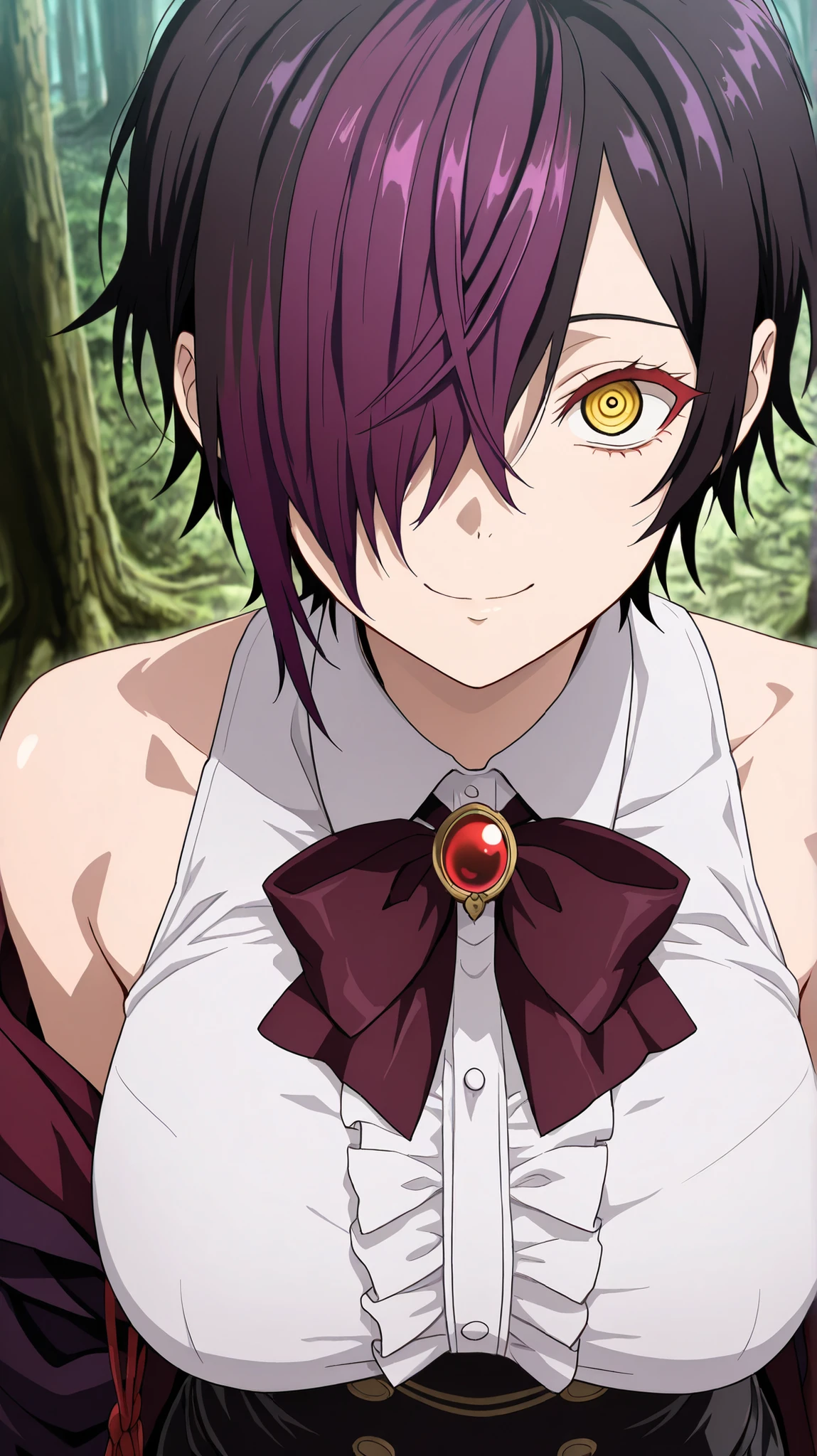 nihiro ,ishura
High quality , best quality , masterpiece, High Resolution , anatomically correct,anime Coloring
Detailed hair color(LoRA:nihilo), Detaile Hairstyle(LoRA:nihilo) ,screencap
1girl,solo, Cool woman, adult
, black hair, purple hair, streaked hair (hair over one eye ,purple hair,),hair over one eye, yellow eyes, red eyelashes, short hair, breasts
, white collared shirt, sleeveless, off shoulder, black open coat, center frills, wine bowtie, red brooch, black corset, black short shorts, black gloves,
looking at viewer , close-up,upper body,from above
, Forest,,
, expressionless, cruel smile,crazy eyes