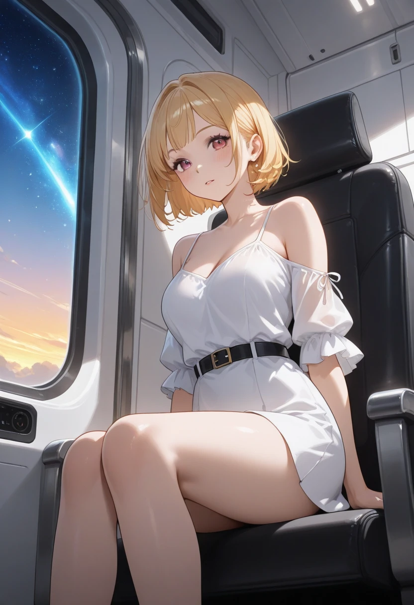 A young sexy woman with short hair and blonde hair in sexy clothes sits in a spaceship seat、A beautiful starry sky can be seen from the window.。