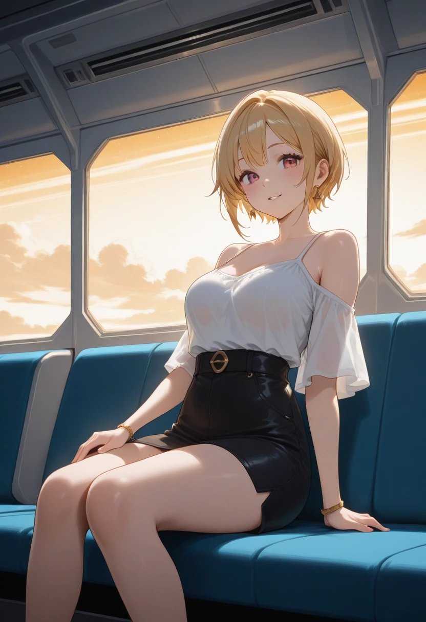 2D Anime Style、Blue eyes、breasts are slightly larger、Short blonde hair with a slight light blue gradation、A cool adult woman with a slightly angry expression....、Black Fashion, Take the train,