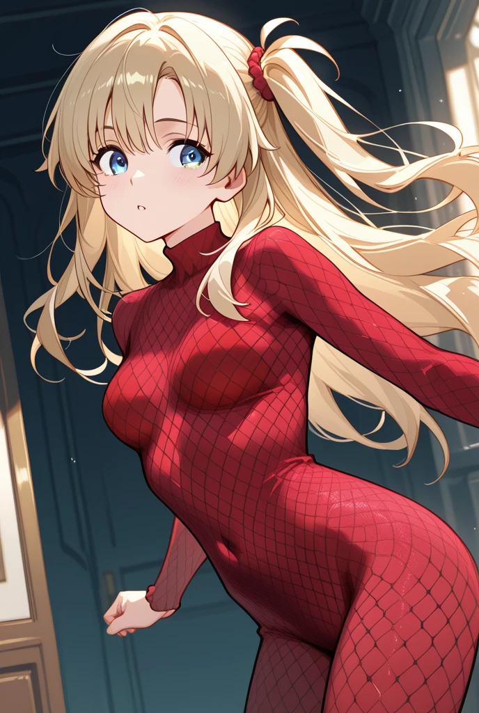 Blonde haired, blue eyed girl in a slightly tight red dress 