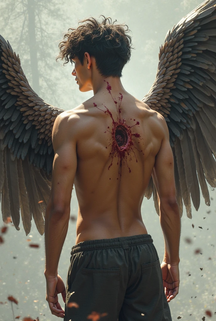 Angry young beautiful man with wings, one wing is broken, wings with a lot of deatils, storm, thunder, face full of anger grief, batrayal, power, glory, chaos, pain, sadness, sorrow, hopeless, more pain, anger, anger, anger, anger, blood, man in blood, white in blood, wings in blood