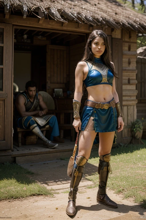 Mayan Goddess of War, beautiful in battle position at the foot of a Mayan pyramid, along with other warriors (she is 50% taller than the other warriors)