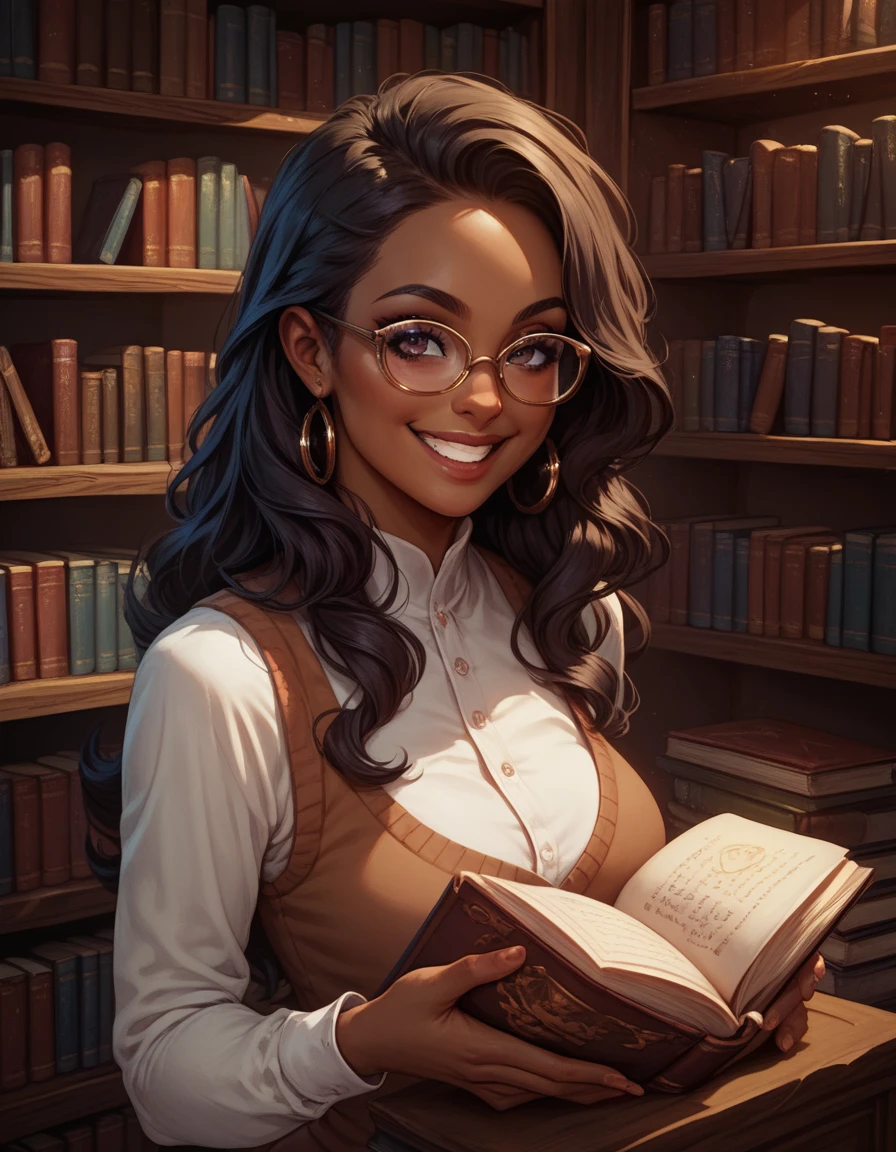 (best quality:1.3), (4K quality),masterpiece, best quality, high res, detailed, (Detailed face:1.2), (Detailed eyes:1.2), (Perfect figure:1.2), CARTOON, ANIME, CARTOON ARTSTYLE, Fantasy style, Fantasy setting, solo, 1girl, 25 year old woman, (Tan-Bronze skin:1.5), black hair, wavy hair, long hair, green eyes, mascaras, eyeshadow, smile, red lipstick, medium breasts, cleavage, waist, slender legs, attractive body, slim figure, perfect shape. (Wearing: White dress, brown corset, glasses, golden earrings, golden bracelets), looking at viewer with an seductive grin, blushing, holding a book, standing in a library