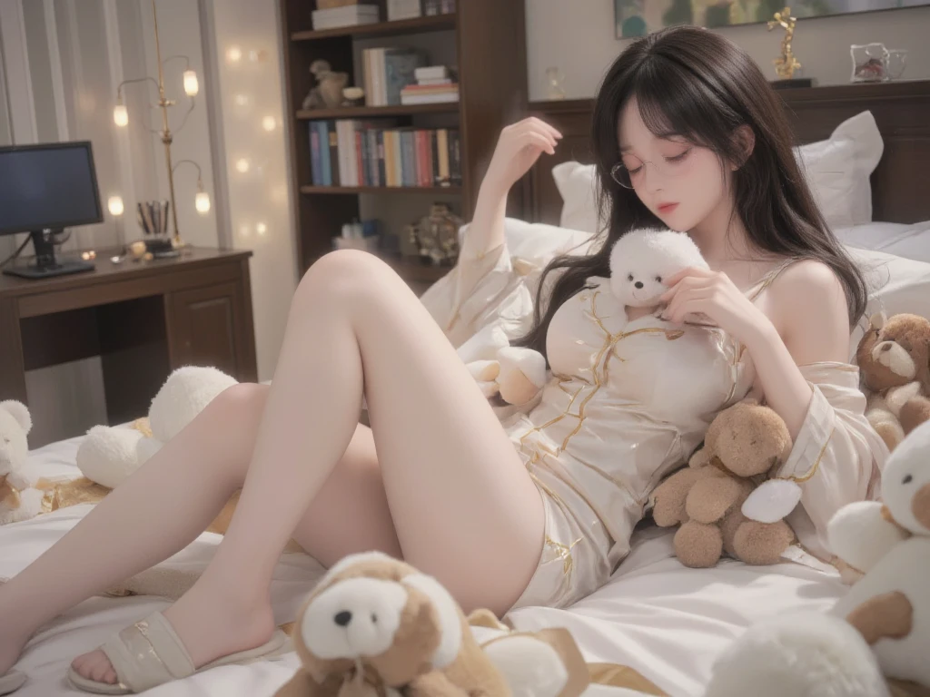 1 Girl Walking on the River, Mix 4, Sweater, Pillow, Lips, open_mouth, Realism, photo_\(Medium\), Solo, stuffed_animal, stuffed_toy, teddy_bear, (Masterpiece), (Realistic: 1.3), Ultra Detail, (High Detail Skin: 1.2), (Best Quality: 1.0), (Ultra High Resolution: 1.0), (Ulzzang-6500:0.3), Wavy Detail Hair, long hair, sunlight, (beautiful detail makeup), floral theme petals scattered, (soft glow flood: 0.5), full body, full body photo