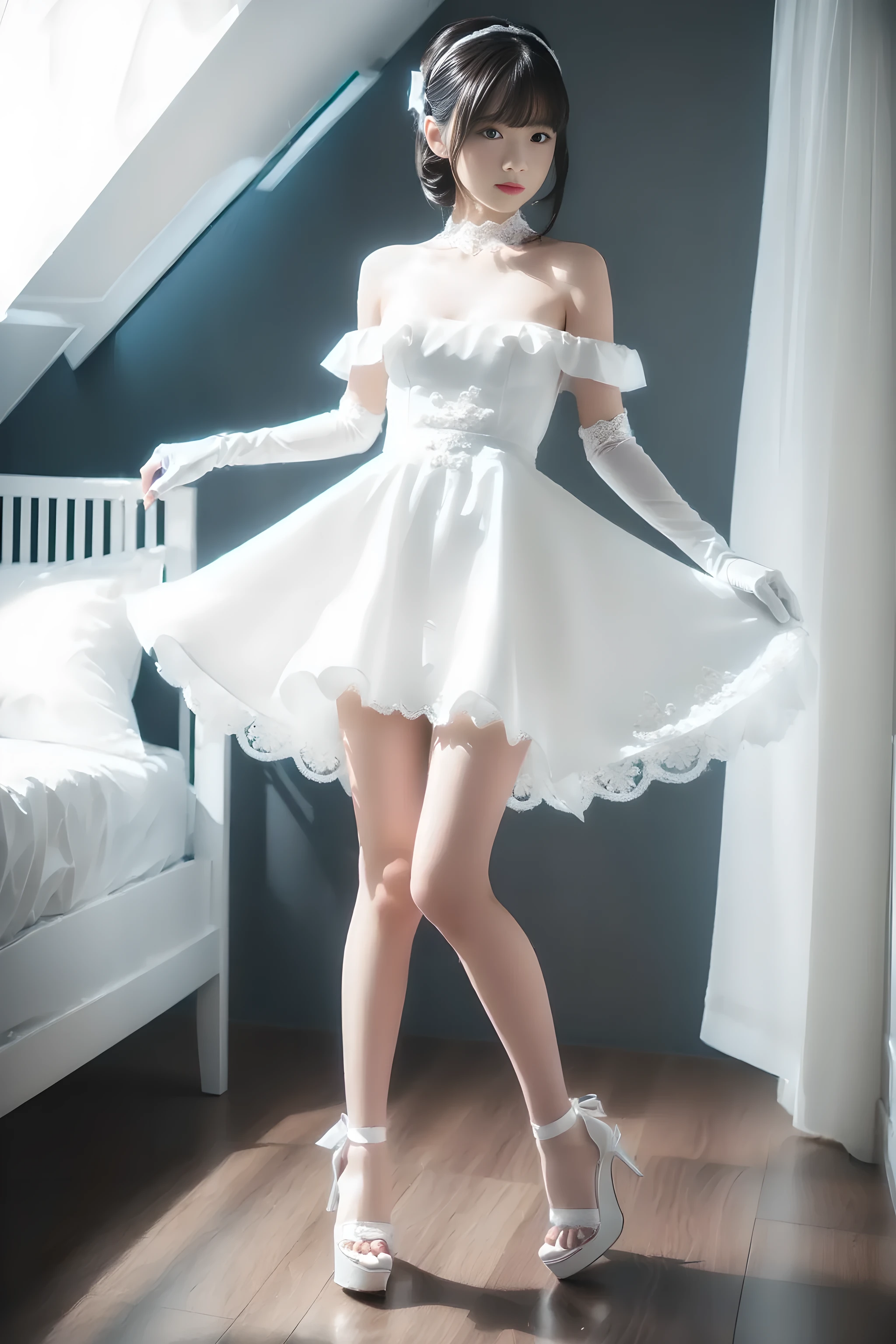 (((Full body portrait:1.5))),((arms behind back)),(pigeon toed),(very cute petite Japanese girls with a baby face),(Short stature),(skinny body),(short limbs),(thin thighs),(Extremely short pure white miniskirt dress),(Girl in a pure white off-shoulder dress),(medium breasts:1.5),(sleepy look),(drunk),(Voyeurism from front),(from below),(look ahead),white hair ribbon,white lace gloves,white stiletto heels,my room,Ultra high definition,Highest quality,high resolution,Extremely detailed depiction,super detailed skin