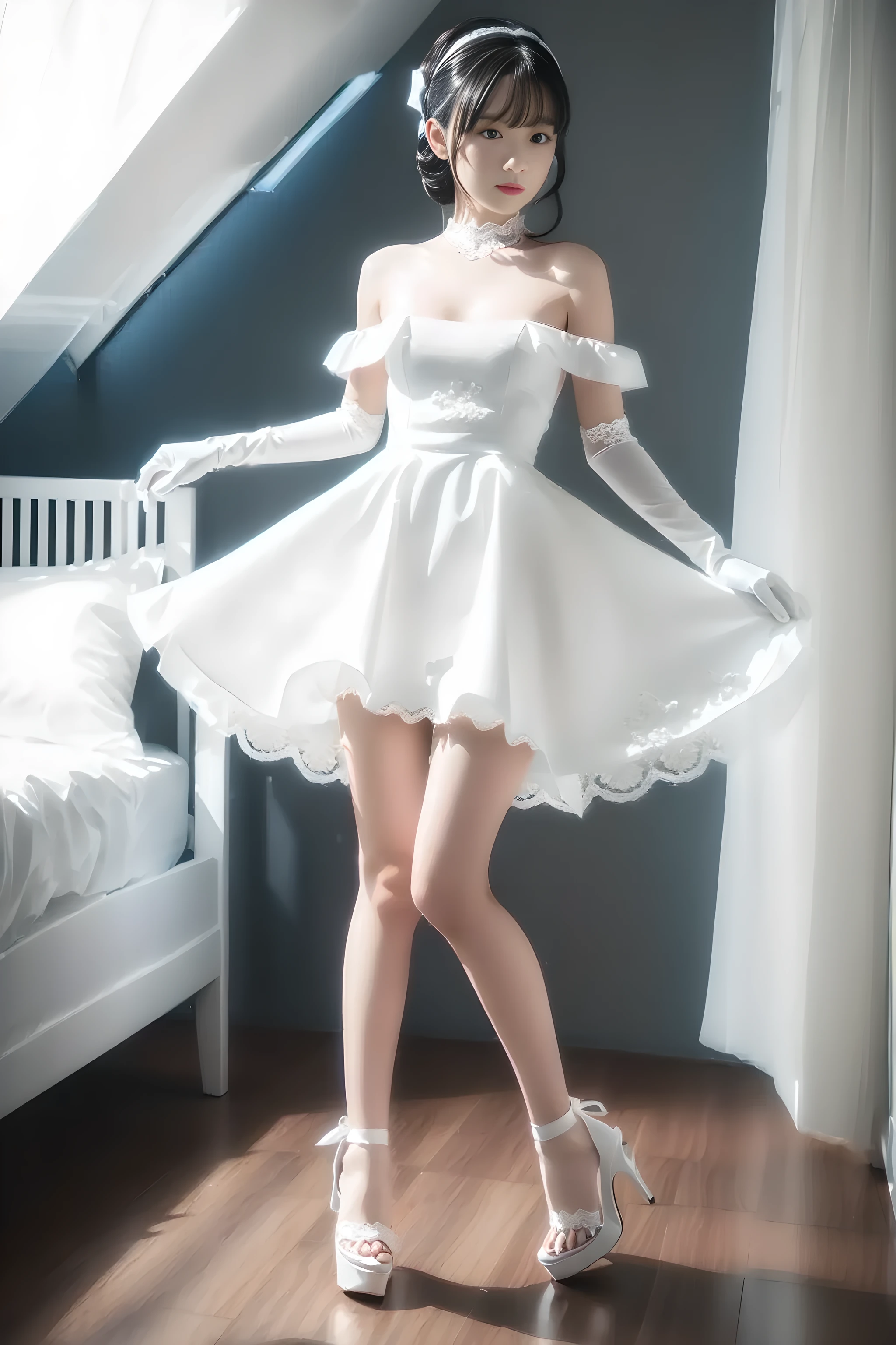 (((Full body portrait:1.5))),((arms behind back)),(pigeon toed),(very cute petite Japanese girls with a baby face),(Short stature),(skinny body),(short limbs),(thin thighs),(Extremely short pure white miniskirt dress),(Girl in a pure white off-shoulder dress),(medium breasts:1.5),(sleepy look),(drunk),(Voyeurism from front),(from below),(look ahead),white hair ribbon,white lace gloves,white stiletto heels,my room,Ultra high definition,Highest quality,high resolution,Extremely detailed depiction,super detailed skin