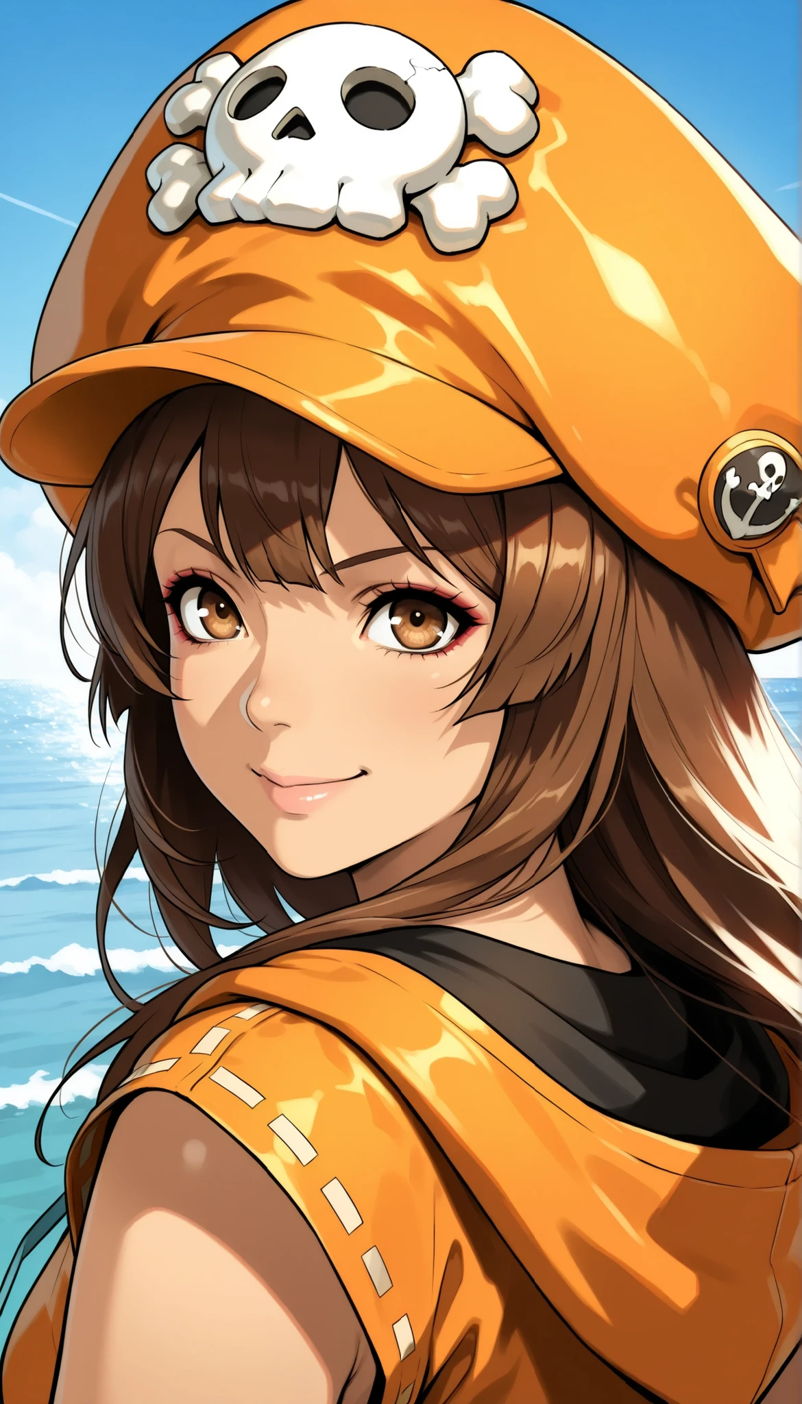 1girl , may (guilty gear) , skull and crossbones , orange hat , long hair , brown eyes , black gloves , orange hoodie, back view, smile, big ocean, kawaii, detailed portrait, intricate facial features, serious expression, confident posture, best quality, 4k, ultra-detailed, photorealistic, professional, vivid colors, dramatic lighting, gritty atmosphere, dark moody colors, gothic fantasy style, digital painting