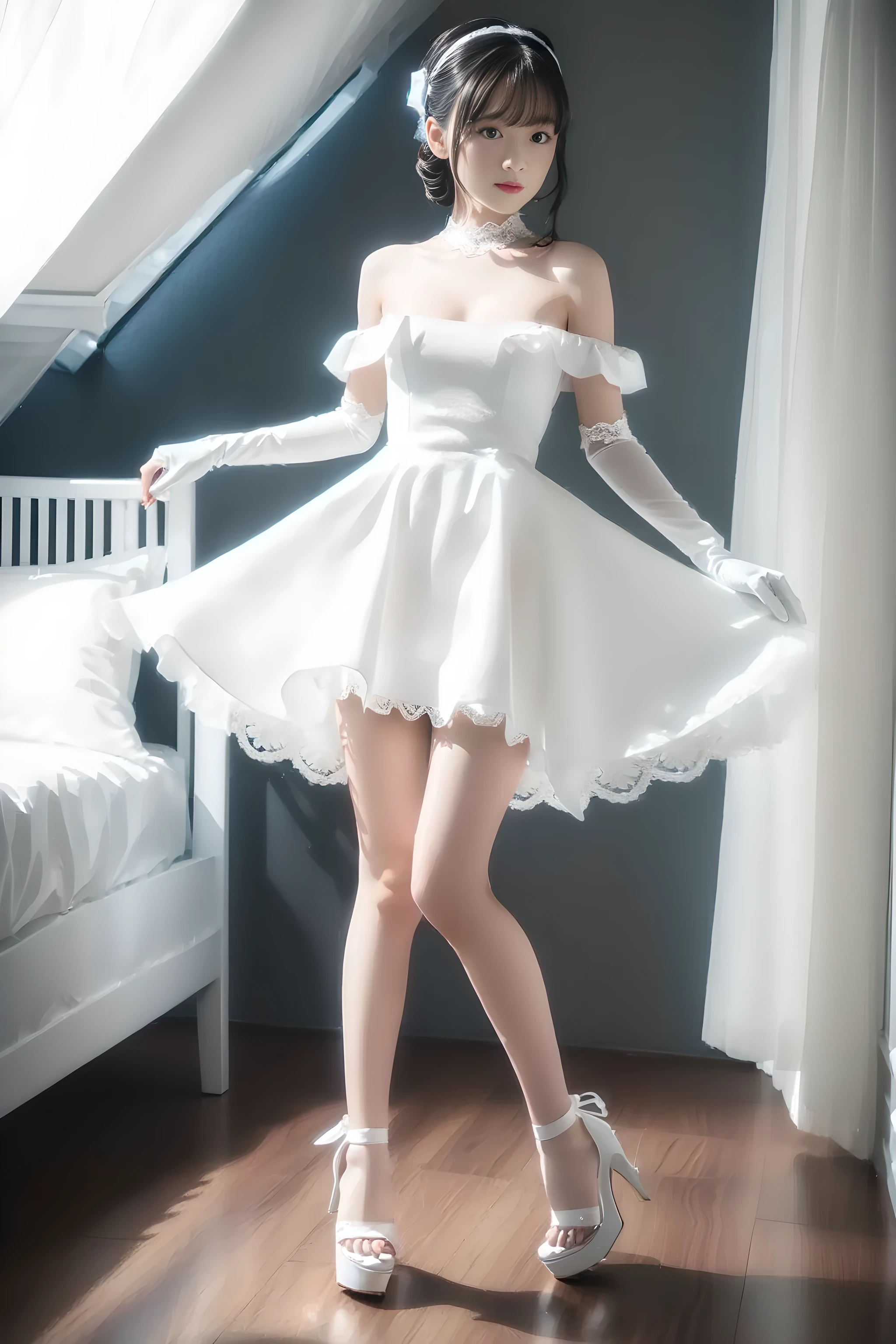 (((Full body portrait:1.5))),((arms behind back)),(pigeon toed),(very cute petite Japanese girls with a baby face),(Short stature),(skinny body),(short limbs),(thin thighs),(Extremely short pure white miniskirt dress),(Girl in a pure white off-shoulder dress),(medium breasts:1.5),(sleepy look),(drunk),(Voyeurism from front),(from below),(look ahead),white hair ribbon,white lace gloves,white stiletto heels,my room,Ultra high definition,Highest quality,high resolution,Extremely detailed depiction,super detailed skin