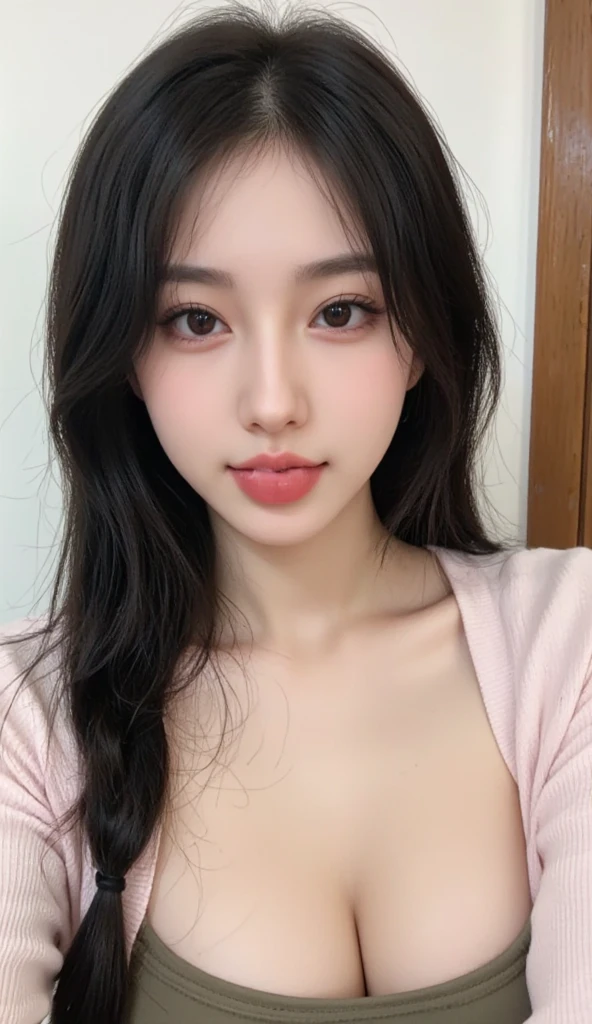 Kim Jennie de blackpink con el cabello rubio claro, cabello rubio con ondulado, cabello de color rubio ondulado, with small fringes, ojos color negro, nariz respingada y bonita, labios gruesos, Cupid and heart shaped lips......, labios rosas, pale, piel blanca, piel bonita y suave, con pecas y lunares, cejas bonitas, marked and beautiful clavicle, mientras tiene un polo con rosas color rojo tinto, rojo oscuro, con ropa interior femenina, con un short corto, short bonito y corto, abdomen delgado y bonito, escote desnudo, (pechos grandes, pechos suaves, pechos naturales, escote desnudo), mientras agarra una rosa, mirando a la camara, autofoto