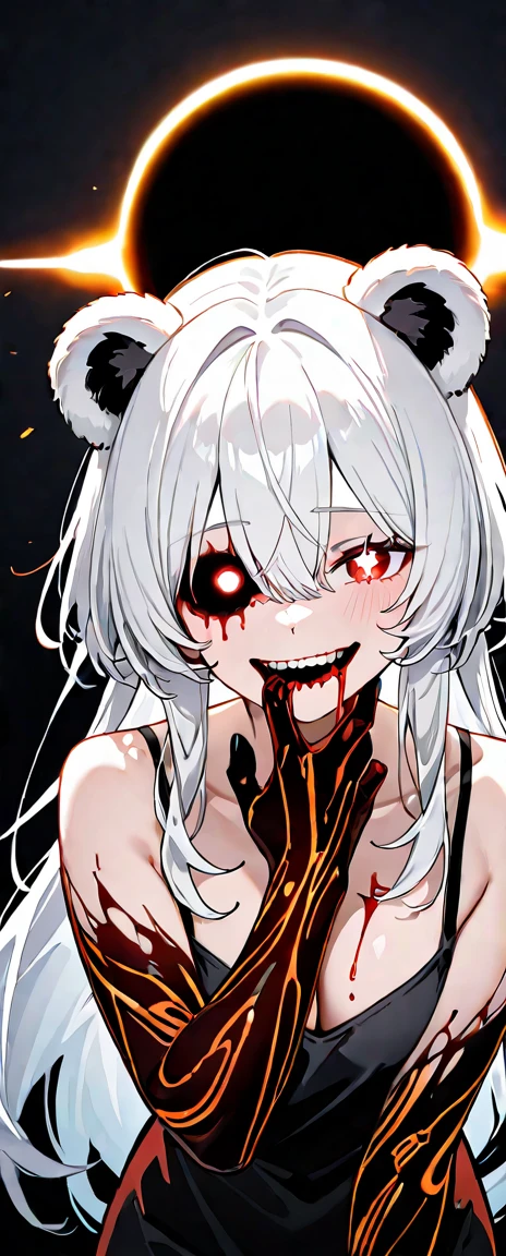 masterpiece, best quality, very aesthetic, absurdres, newest, asymmetrical bangs, 1girl, solo, blush, drunk, long hair, breasts, looking at viewer, evil smile, open mouth, red eyes, long sleeves, ahoge, white hair, small breasts, teeth, solo focus, medium hair, grin, blood, fangs, blood on face, bottle, drinking glass, alcohol,
