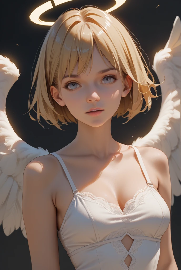 (ultra high res,photorealistic,realistic,best quality,photo-realistic),
(8k, raw photo, best quality, masterpiece),
(photon mapping, radiosity, physically-based rendering,automatic white balance),
technological sense, best quality, masterpiece, illustration,CG ,unity ,wallpaper, official art,
Amazing, finely detail, an extremely delicate and beautiful,extremely detailed,
highly detailed, sharp focus,rich background,blurry background,
(real person,photograph),
(((high detailed skin,visible pores))),
(((face close-up,haunting smile,moist lips,short hair))),
((irises and pupils are rounded,the pupil reflects the surroundings,eyes are not the same size)),
((Big eyes,perfect eyes,watery eyes)),
((white hair,high ponytail,thick bangs)),
((((small breasts)))),white skin,bare shoulders,((white dress)),(((angel wings,halo))), <lora:GuoFeng3.2_Lora:0.2>
