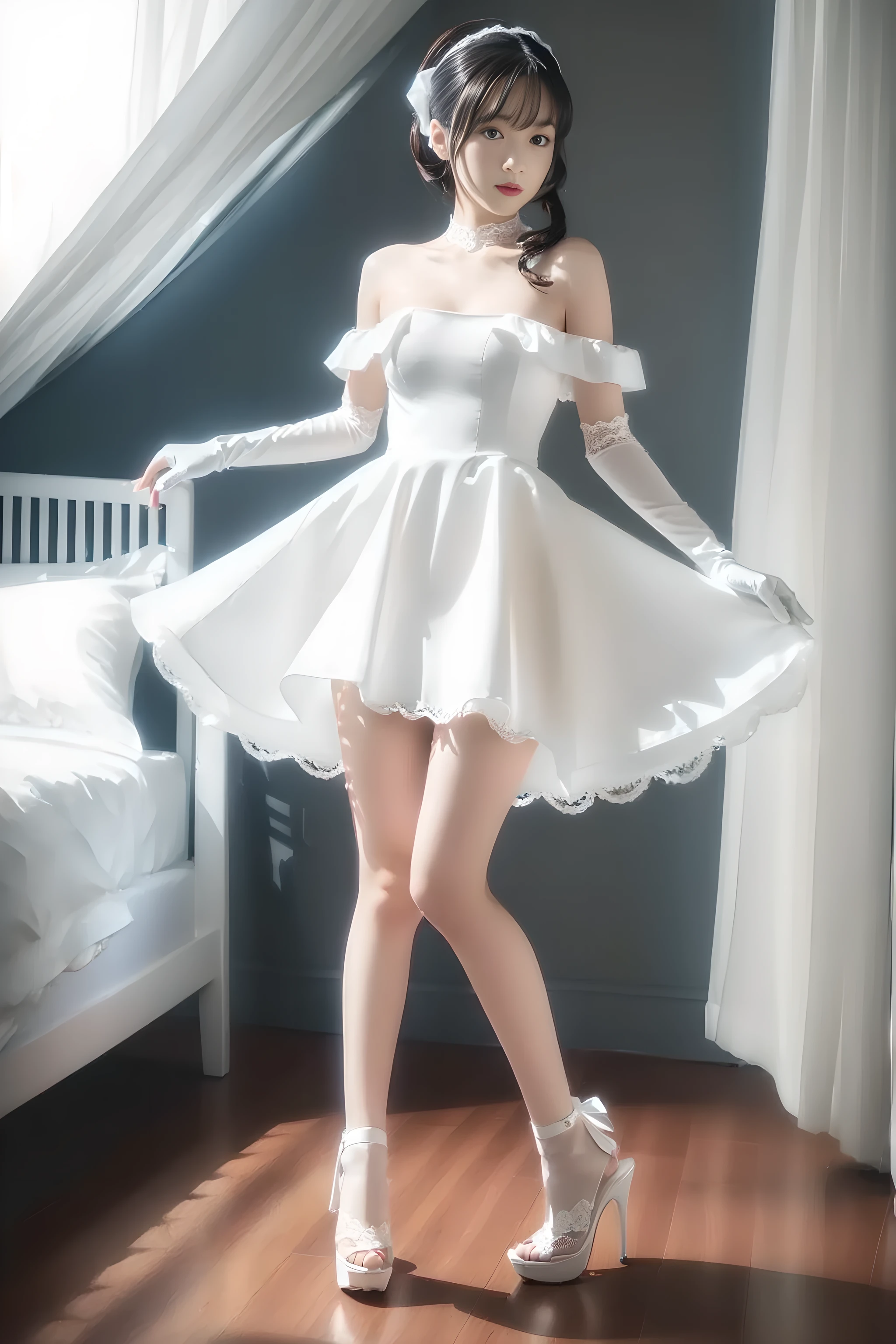 (((Full body portrait:1.5))),((arms behind back)),(pigeon toed),(very cute petite Japanese girls with a baby face),(Short stature),(skinny body),(short limbs),(thin thighs),(Extremely short pure white miniskirt dress),(Girl in a pure white off-shoulder dress),(medium breasts:1.5),(sleepy look),(drunk),(Voyeurism from front),(from below),(look ahead),white hair ribbon,white lace gloves,white stiletto heels,my room,Ultra high definition,Highest quality,high resolution,Extremely detailed depiction,super detailed skin